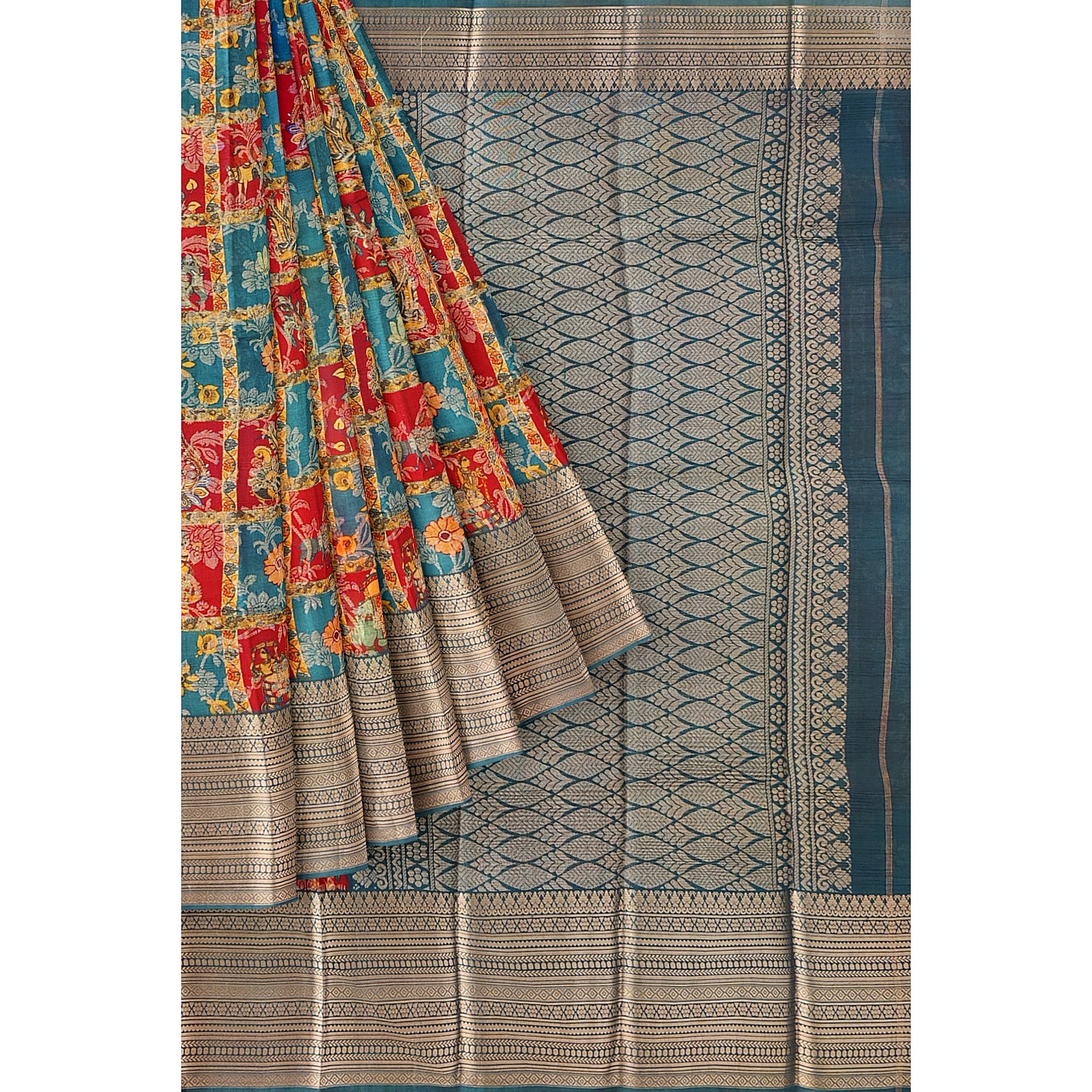 Green Kalamkari Organza Pure Silk Saree with Gold Zari Border – Traditional Handloom Saree Online - New Sudarshan Silks`