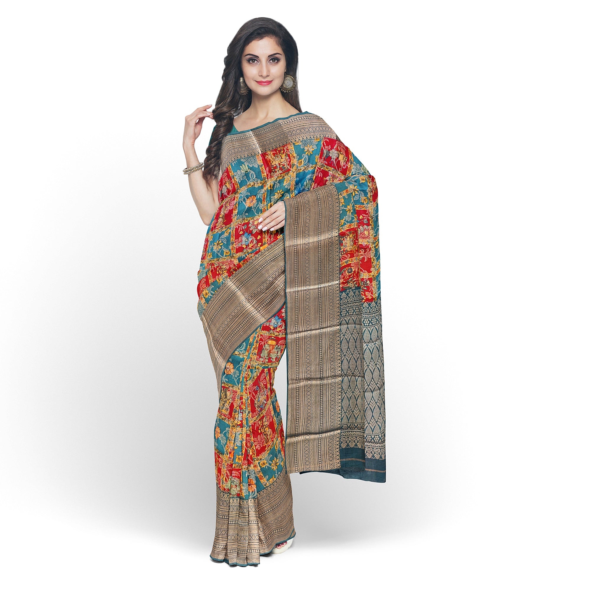 Green Kalamkari Organza Pure Silk Saree with Gold Zari Border – Traditional Handloom Saree Online - New Sudarshan Silks`