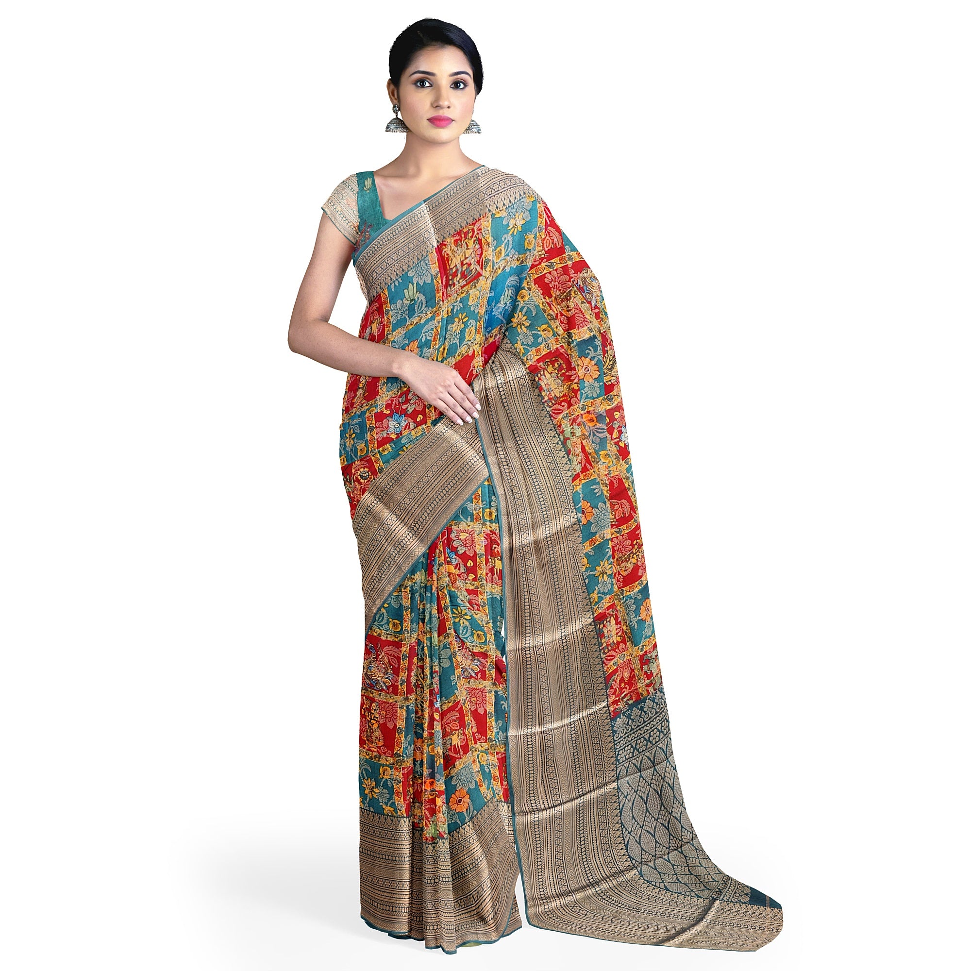 Green Kalamkari Organza Pure Silk Saree with Gold Zari Border – Traditional Handloom Saree Online - New Sudarshan Silks`