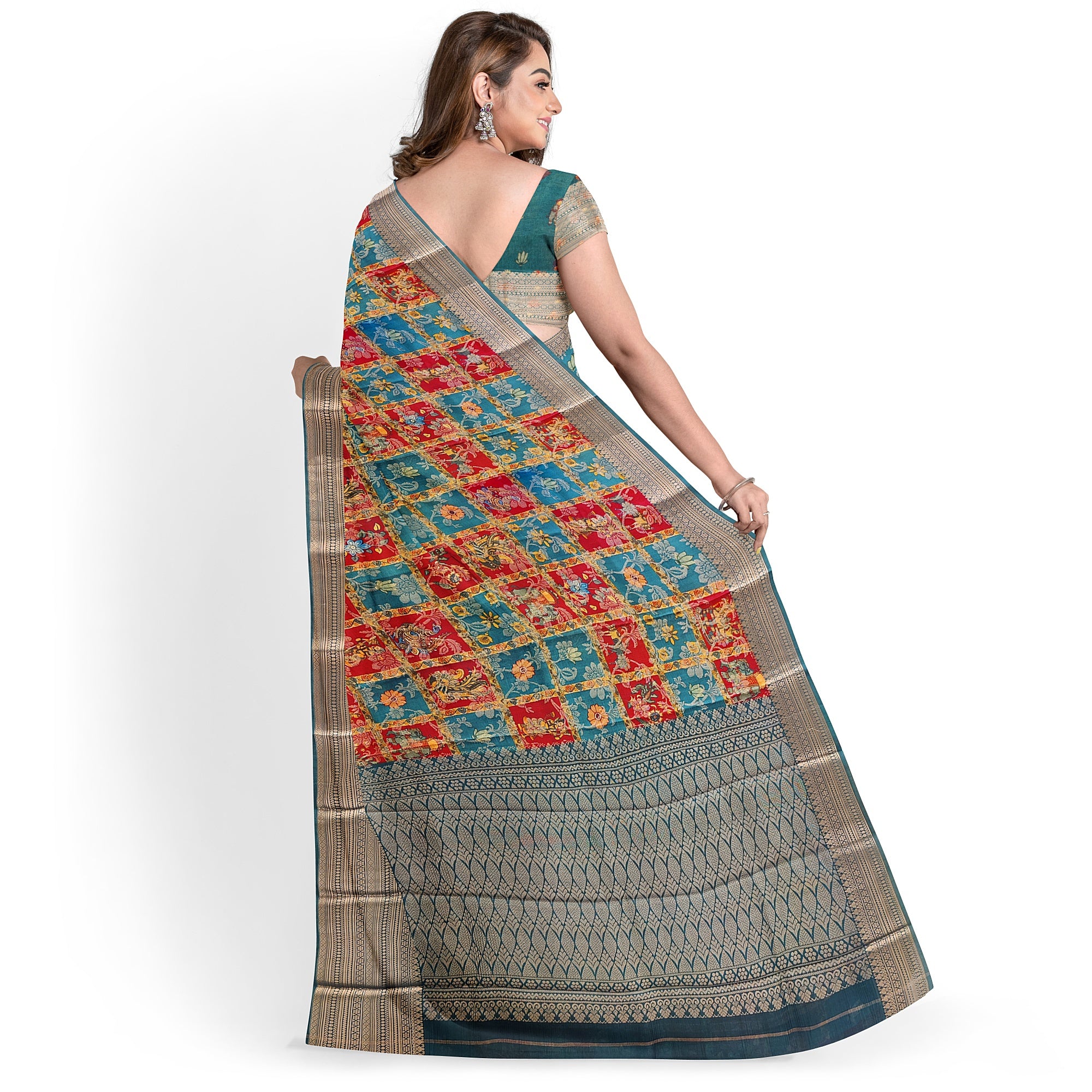 Green Kalamkari Organza Pure Silk Saree with Gold Zari Border – Traditional Handloom Saree Online - New Sudarshan Silks`