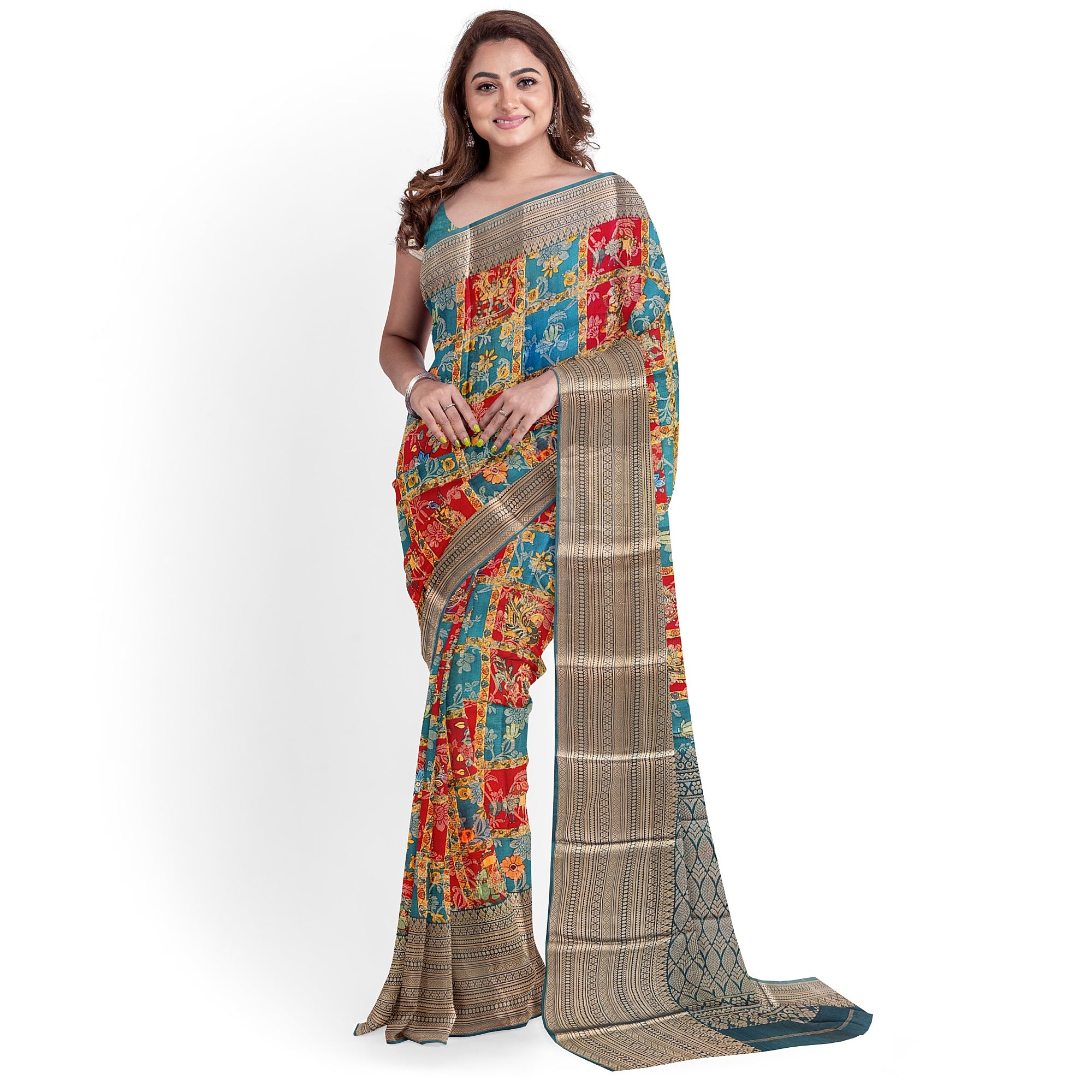 Green Kalamkari Organza Pure Silk Saree with Gold Zari Border – Traditional Handloom Saree Online - New Sudarshan Silks`