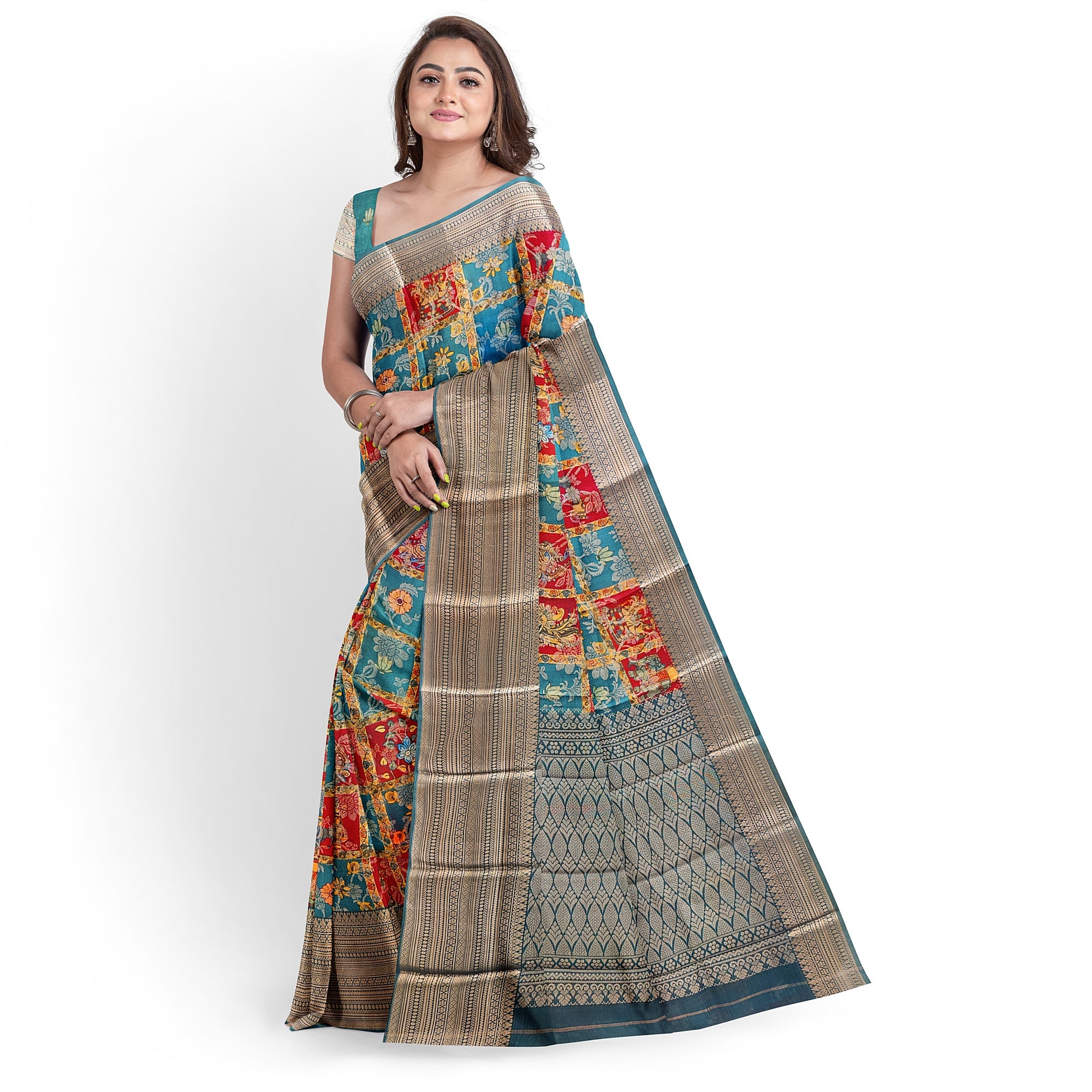 Green Kalamkari Organza Pure Silk Saree with Gold Zari Border – Traditional Handloom Saree Online - New Sudarshan Silks`