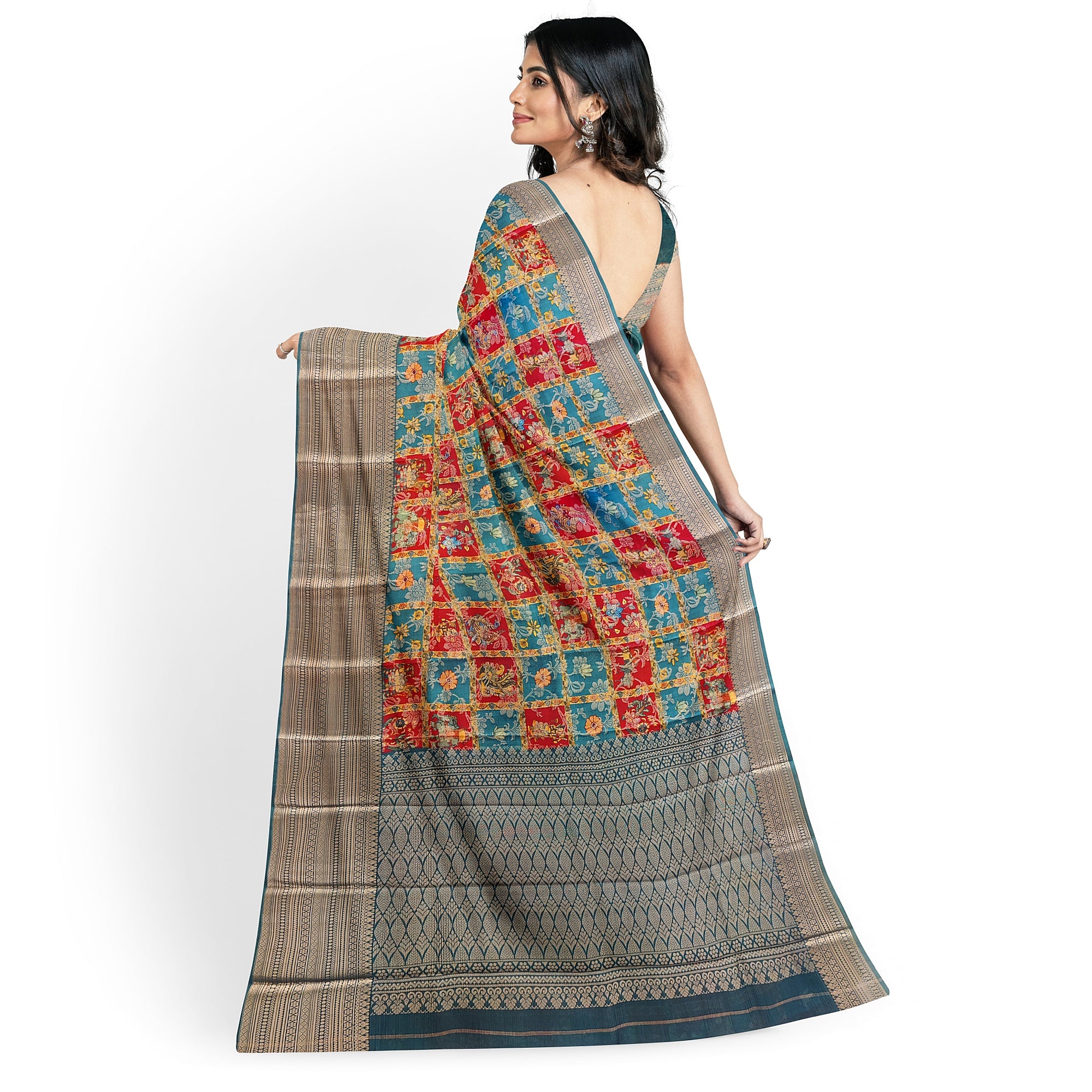 Green Kalamkari Organza Pure Silk Saree with Gold Zari Border – Traditional Handloom Saree Online - New Sudarshan Silks`