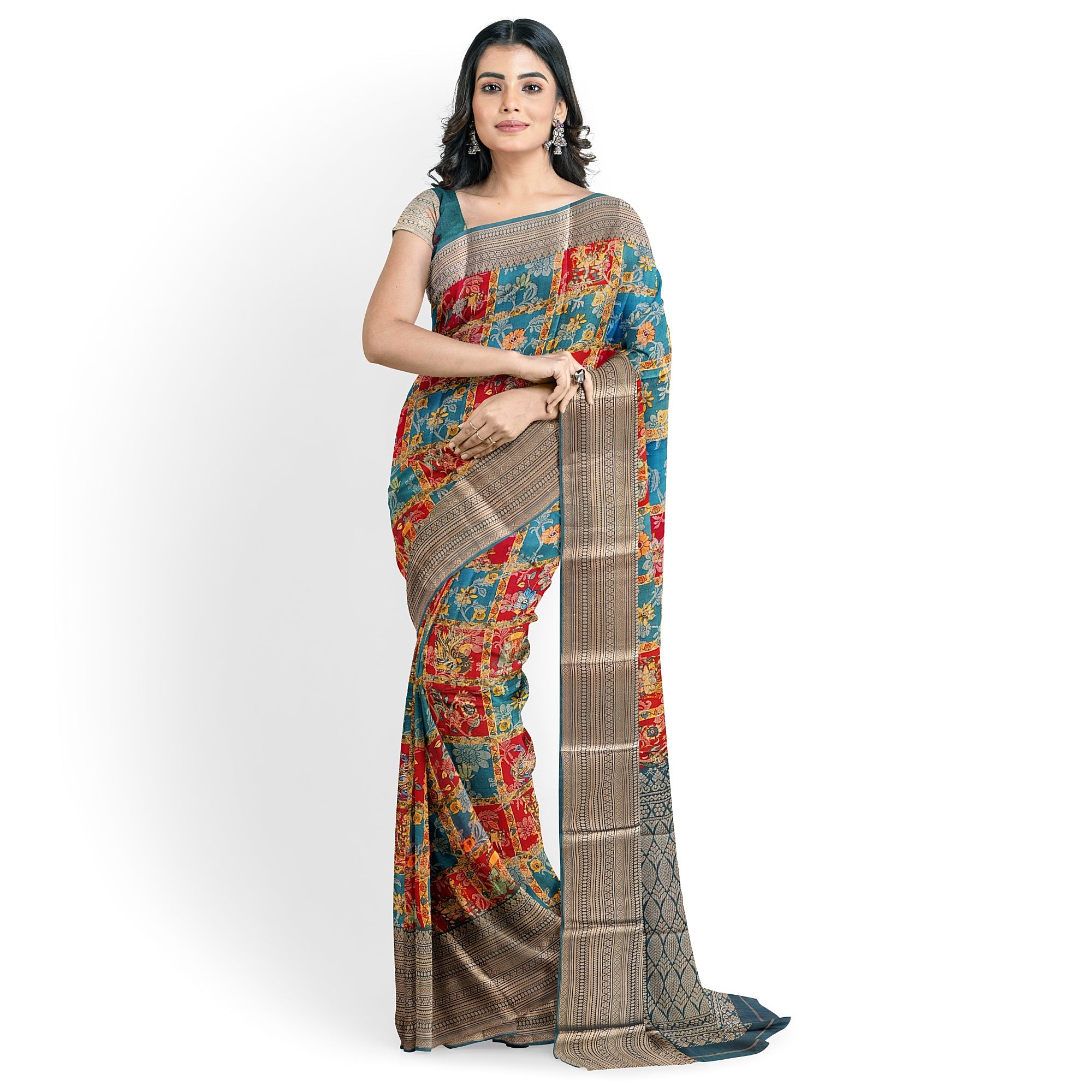 Green Kalamkari Organza Pure Silk Saree with Gold Zari Border – Traditional Handloom Saree Online - New Sudarshan Silks`