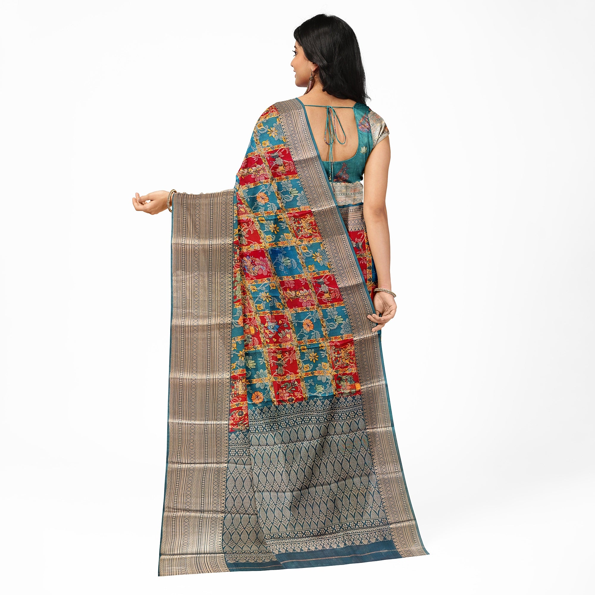 Green Kalamkari Organza Pure Silk Saree with Gold Zari Border – Traditional Handloom Saree Online - New Sudarshan Silks`