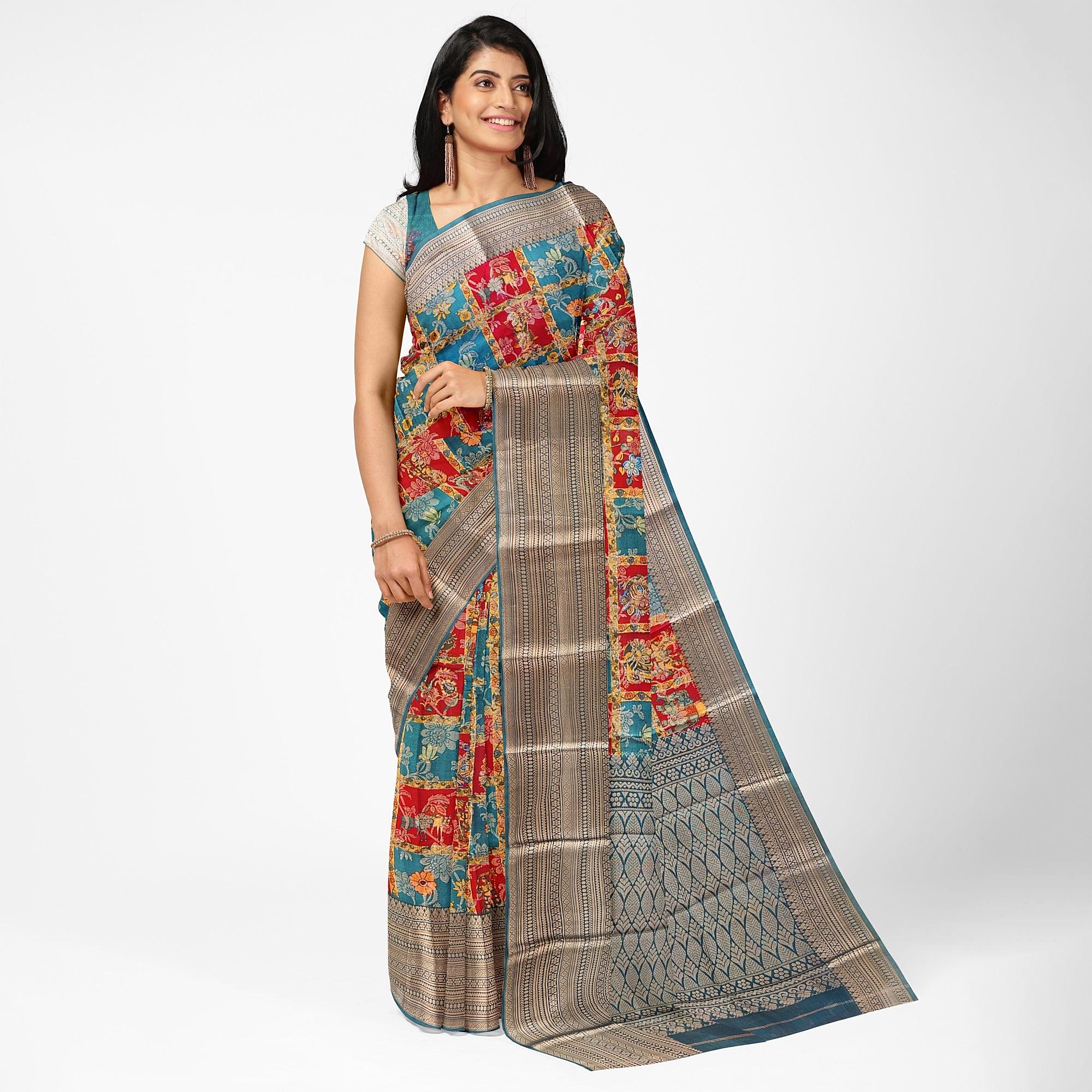 Green Kalamkari Organza Pure Silk Saree with Gold Zari Border – Traditional Handloom Saree Online - New Sudarshan Silks`