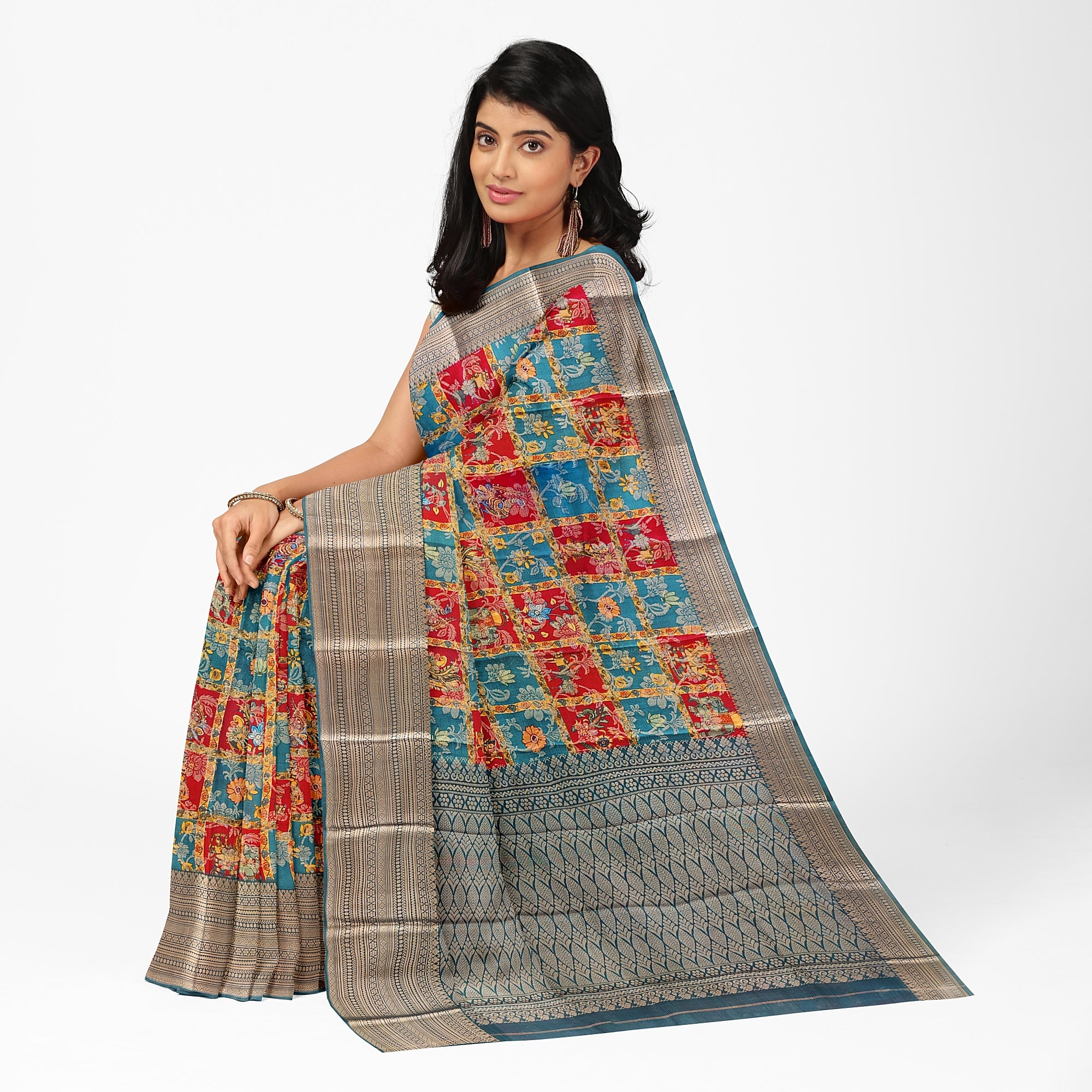 Green Kalamkari Organza Pure Silk Saree with Gold Zari Border – Traditional Handloom Saree Online - New Sudarshan Silks`