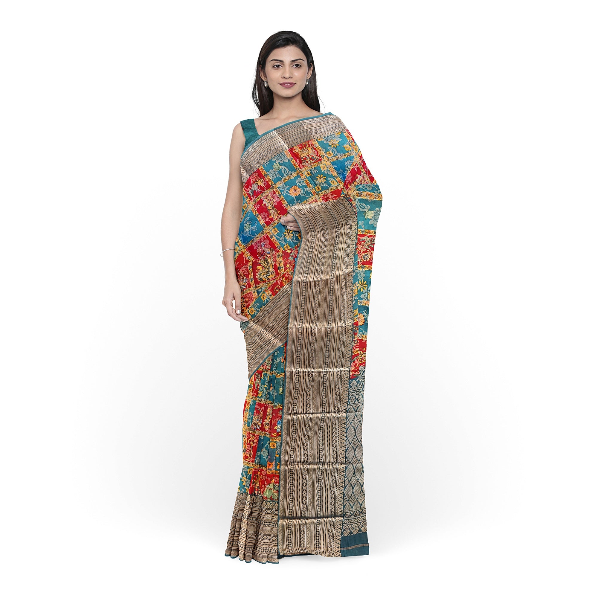 Green Kalamkari Organza Pure Silk Saree with Gold Zari Border – Traditional Handloom Saree Online - New Sudarshan Silks`