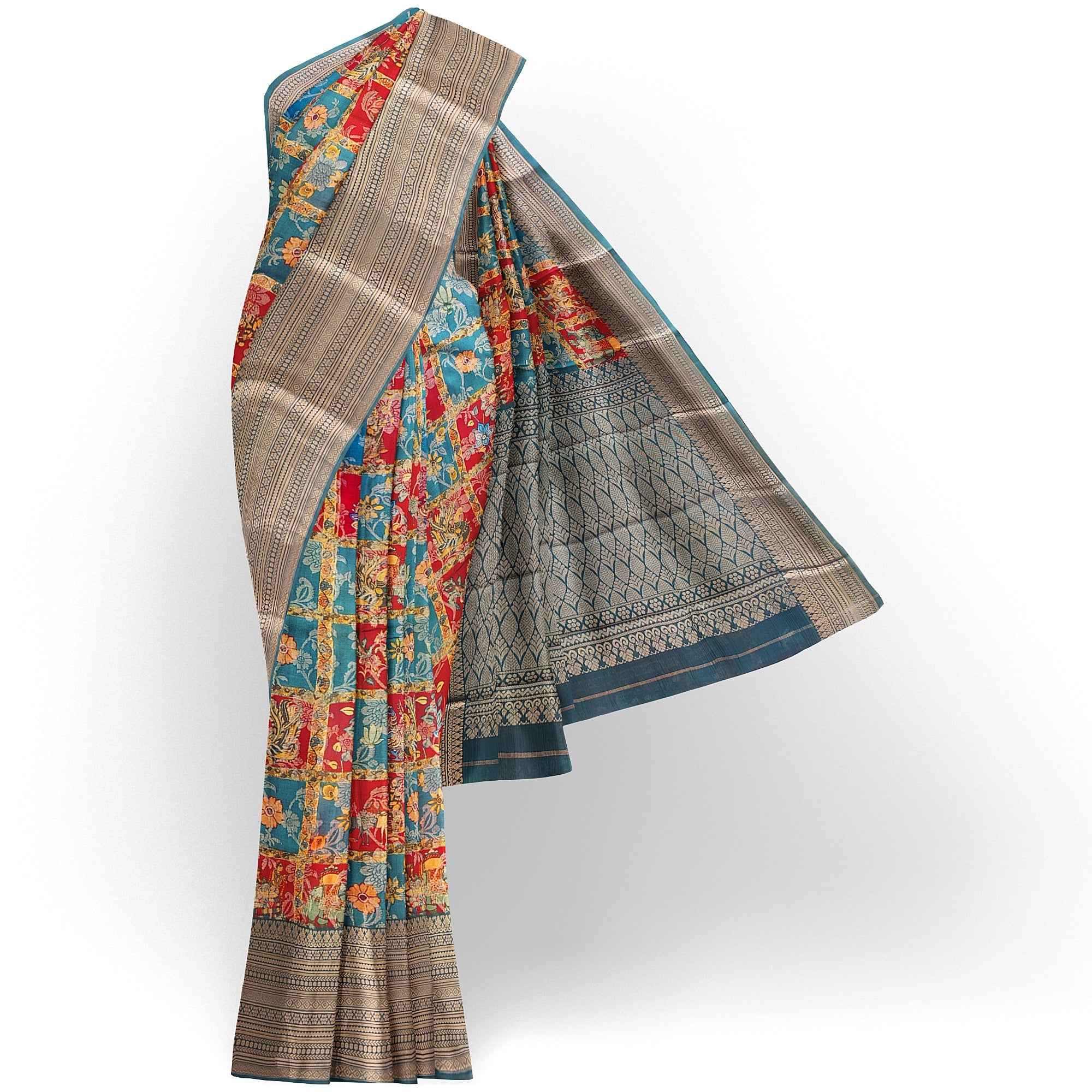 Green Kalamkari Organza Pure Silk Saree with Gold Zari Border – Traditional Handloom Saree Online - New Sudarshan Silks`