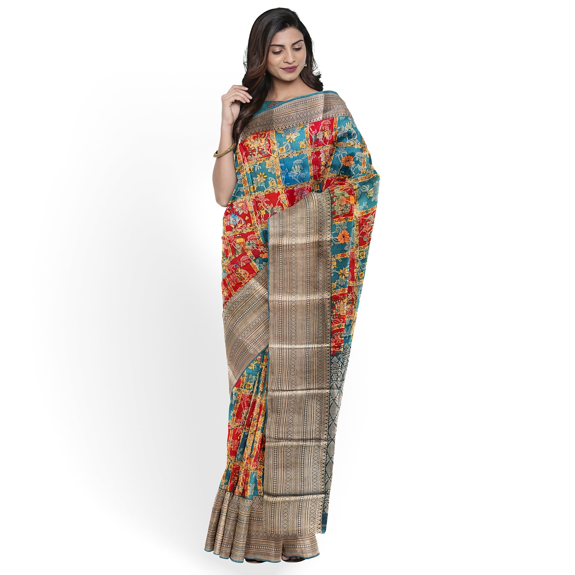 Green Kalamkari Organza Pure Silk Saree with Gold Zari Border – Traditional Handloom Saree Online - New Sudarshan Silks`