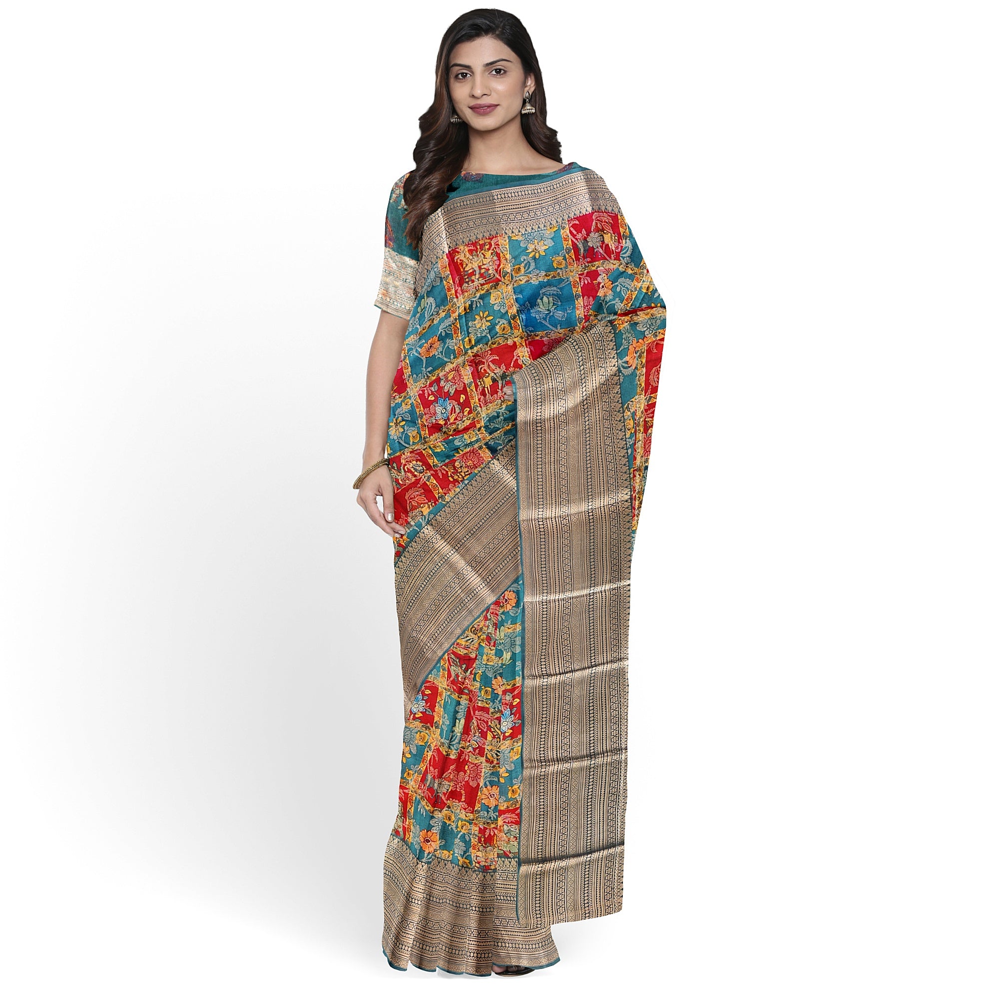 Green Kalamkari Organza Pure Silk Saree with Gold Zari Border – Traditional Handloom Saree Online - New Sudarshan Silks`
