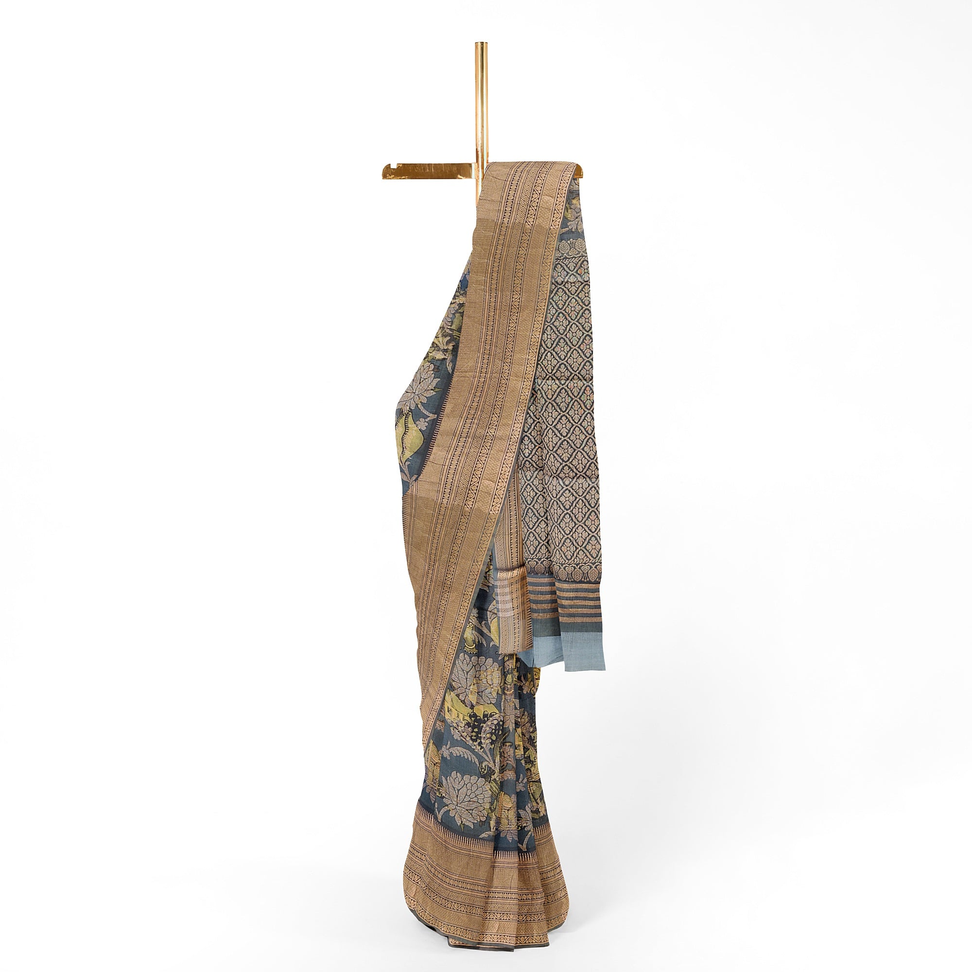 Dark Grey Kalamkari Organza Silk Saree with Copper Zari Border – Artistic Handloom Saree Online - New Sudarshan Silks`