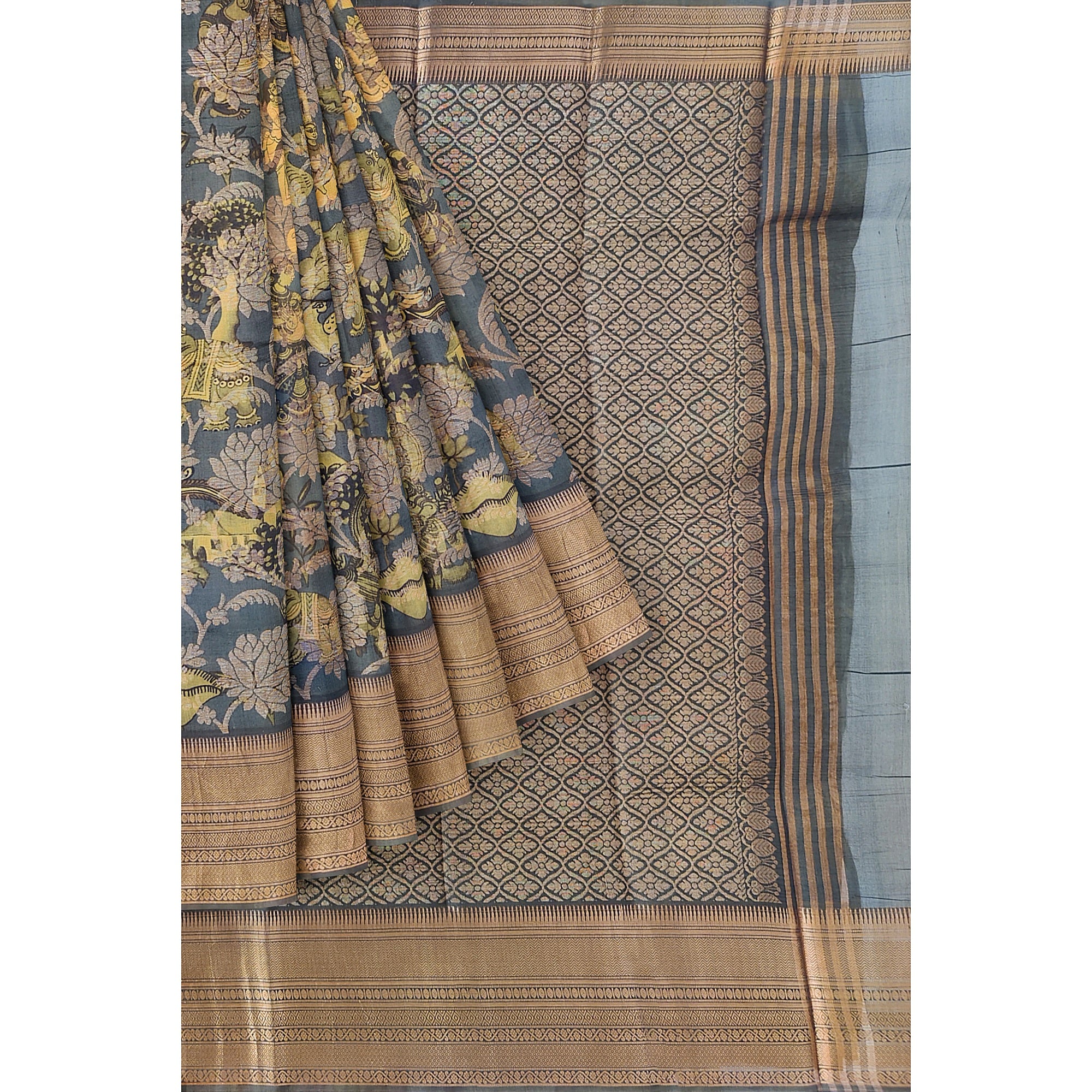 Dark Grey Kalamkari Organza Silk Saree with Copper Zari Border – Artistic Handloom Saree Online - New Sudarshan Silks`