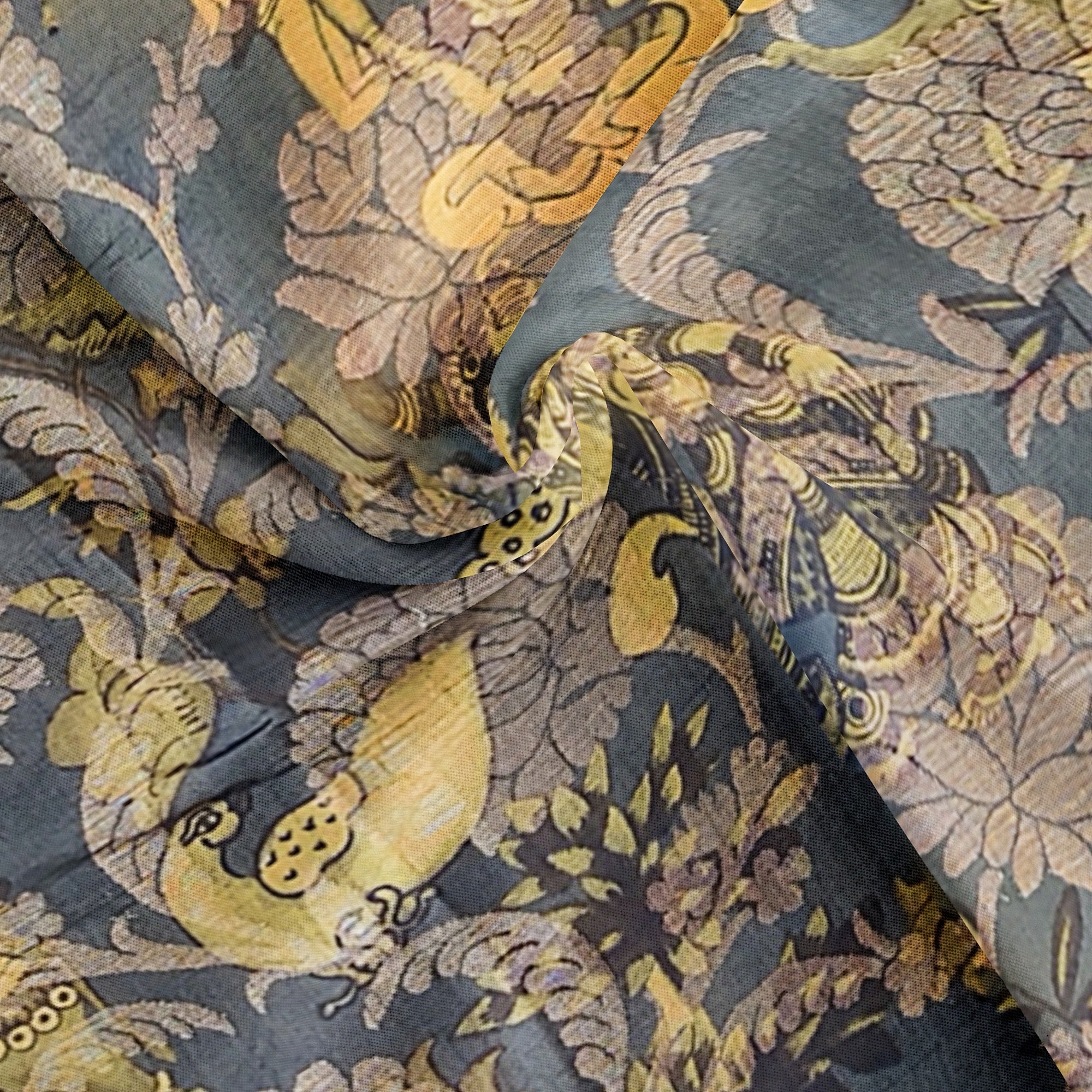 Dark Grey Kalamkari Organza Silk Saree with Copper Zari Border – Artistic Handloom Saree Online - New Sudarshan Silks`