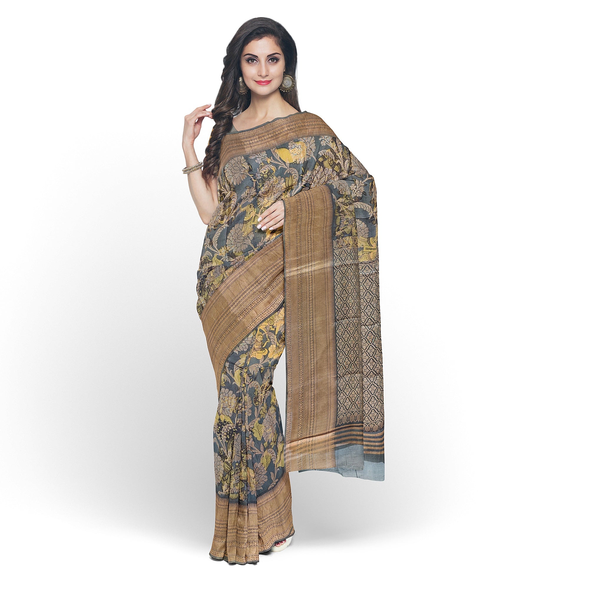 Dark Grey Kalamkari Organza Silk Saree with Copper Zari Border – Artistic Handloom Saree Online - New Sudarshan Silks`