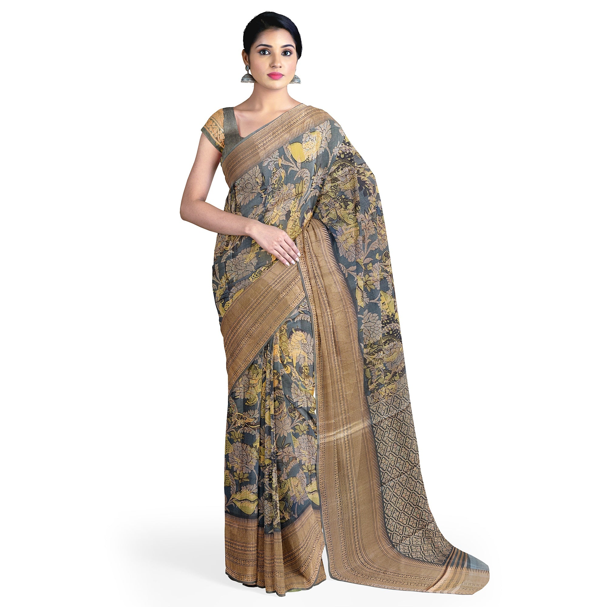 Dark Grey Kalamkari Organza Silk Saree with Copper Zari Border – Artistic Handloom Saree Online - New Sudarshan Silks`