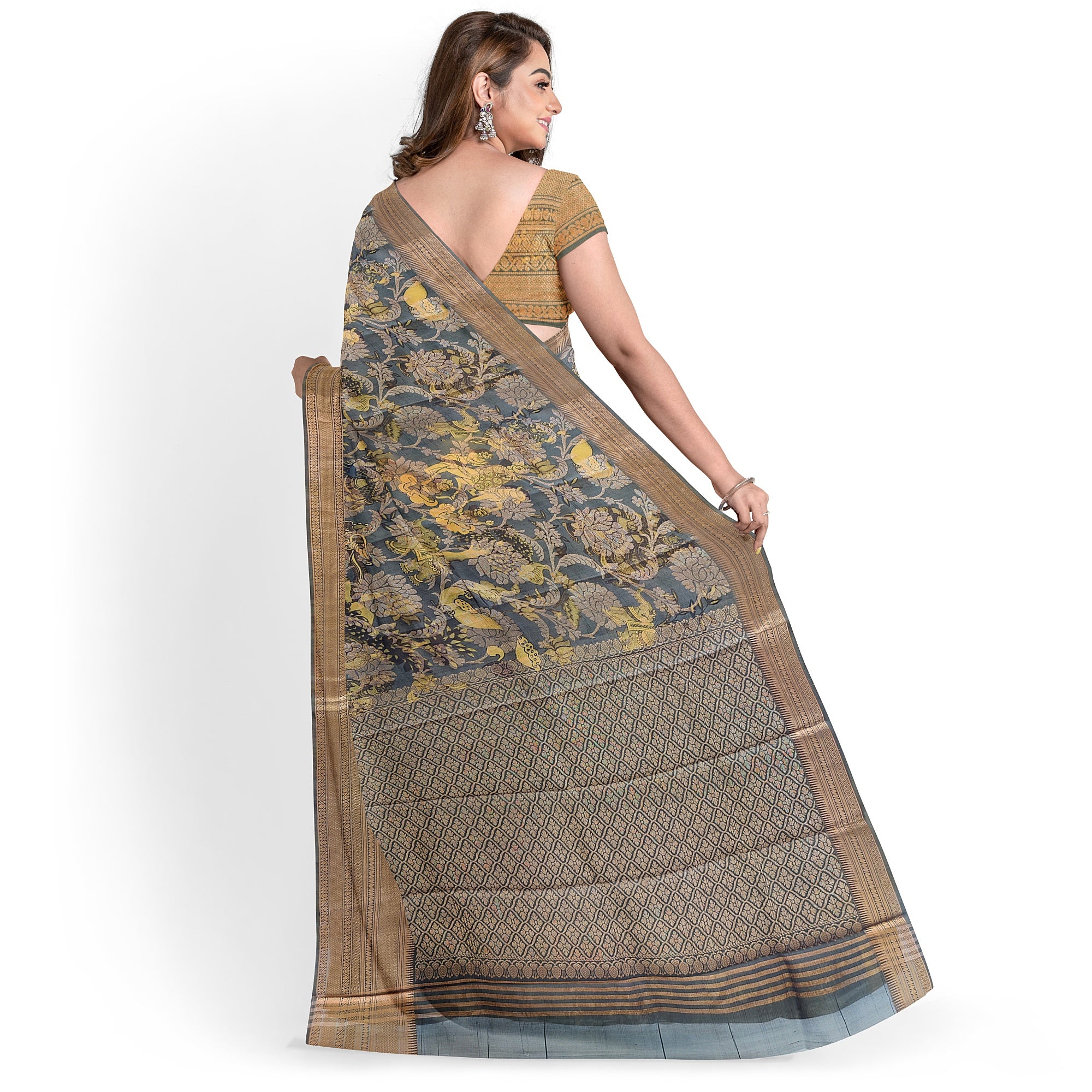 Dark Grey Kalamkari Organza Silk Saree with Copper Zari Border – Artistic Handloom Saree Online - New Sudarshan Silks`