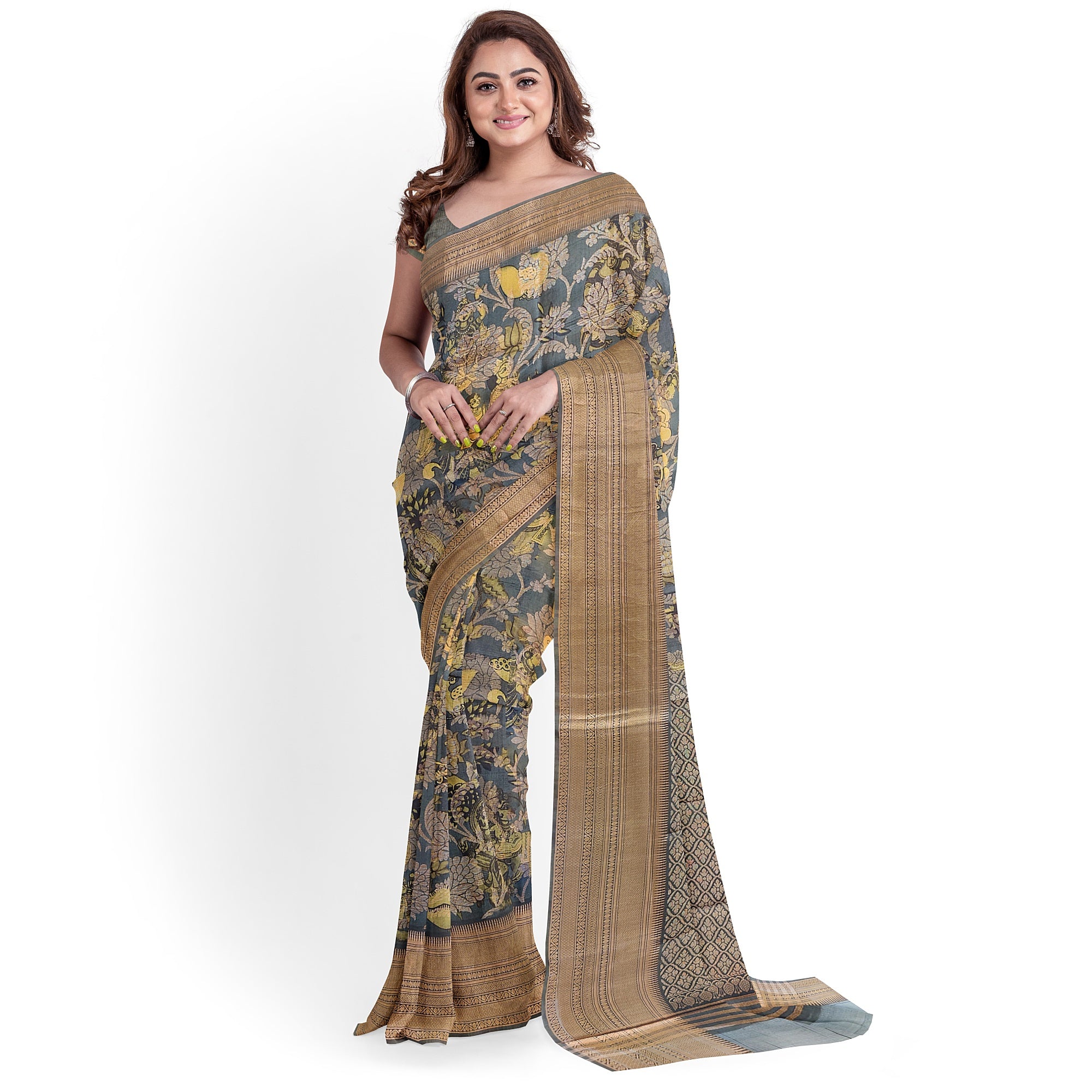 Dark Grey Kalamkari Organza Silk Saree with Copper Zari Border – Artistic Handloom Saree Online - New Sudarshan Silks`