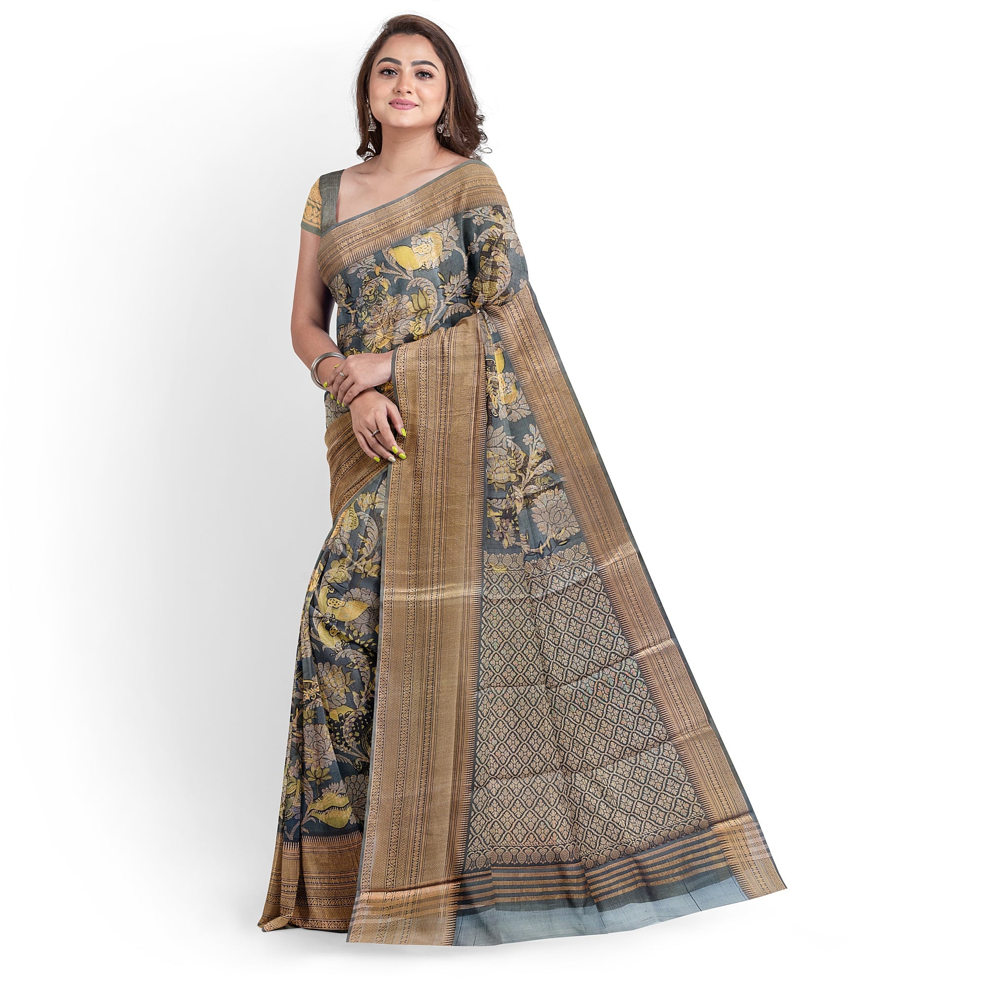 Dark Grey Kalamkari Organza Silk Saree with Copper Zari Border – Artistic Handloom Saree Online - New Sudarshan Silks`