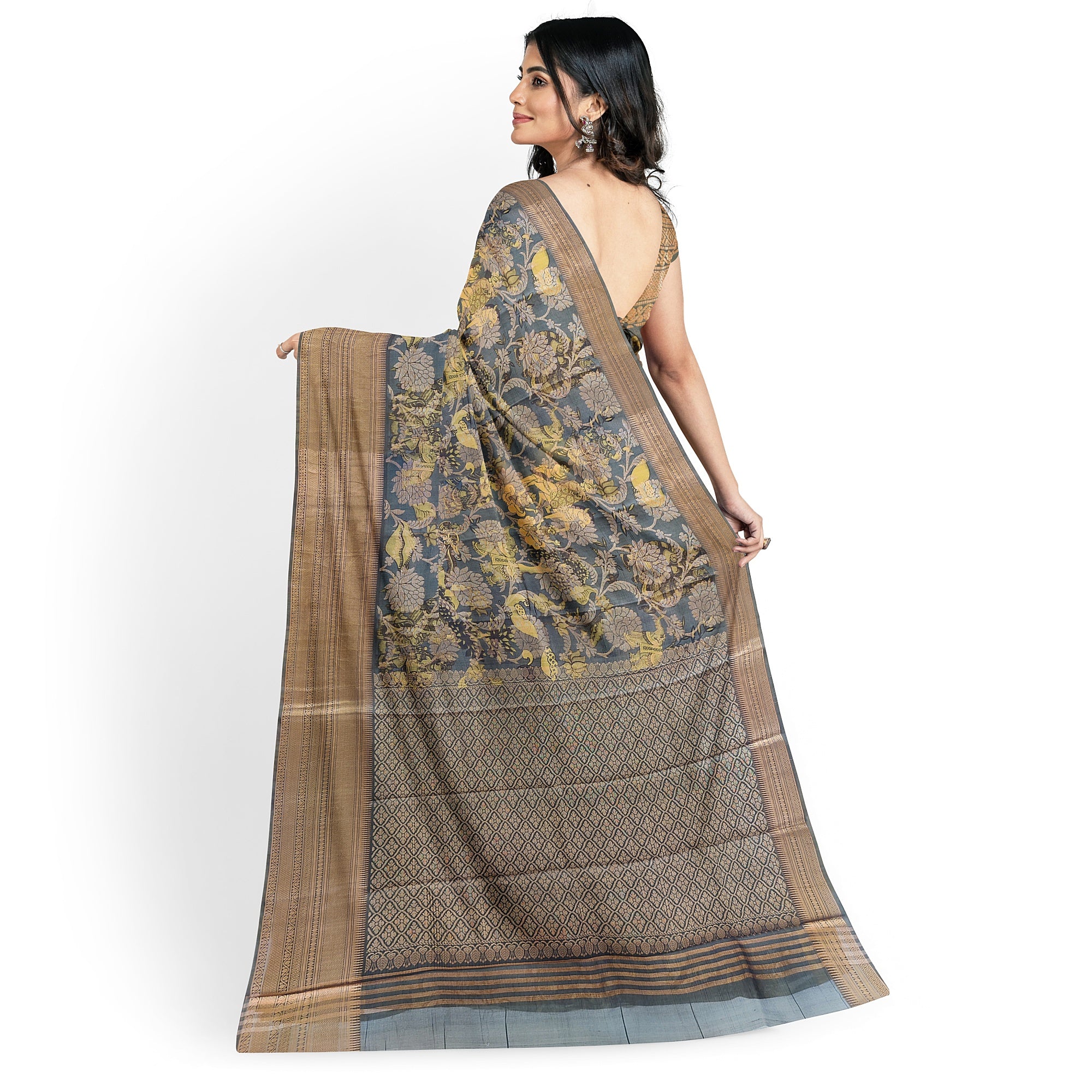 Dark Grey Kalamkari Organza Silk Saree with Copper Zari Border – Artistic Handloom Saree Online - New Sudarshan Silks`