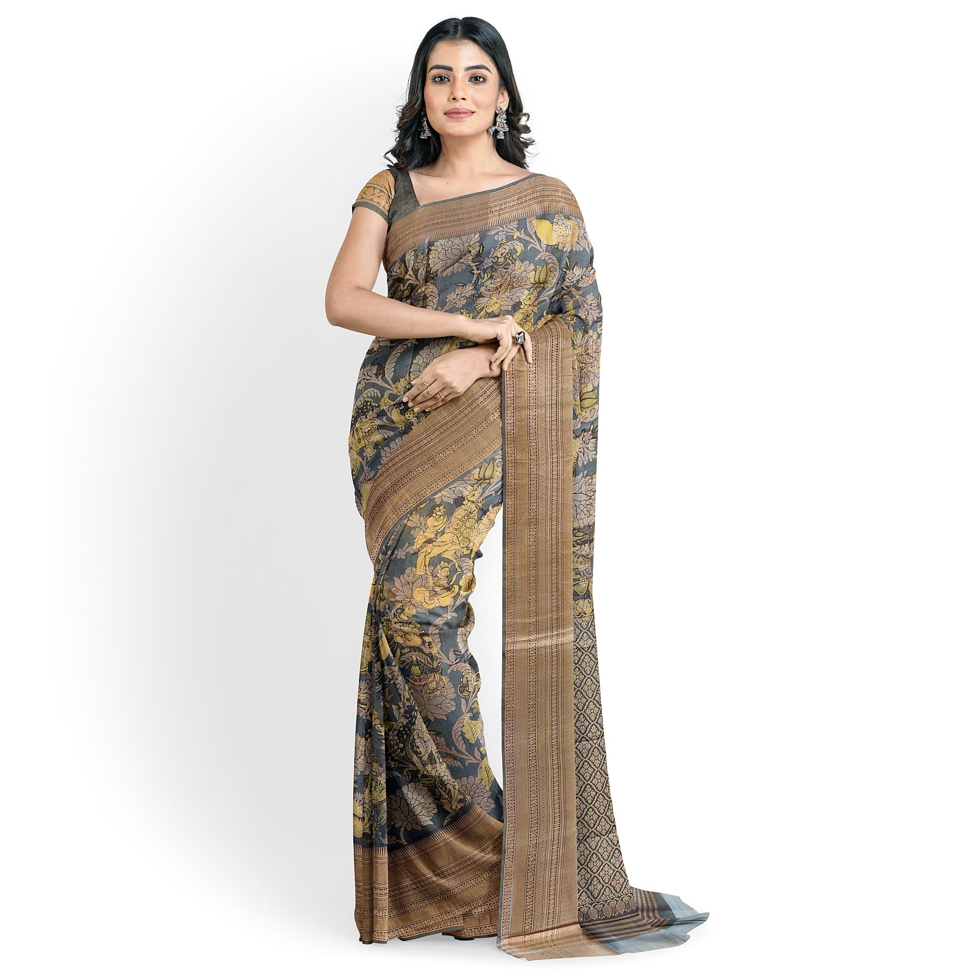 Dark Grey Kalamkari Organza Silk Saree with Copper Zari Border – Artistic Handloom Saree Online - New Sudarshan Silks`