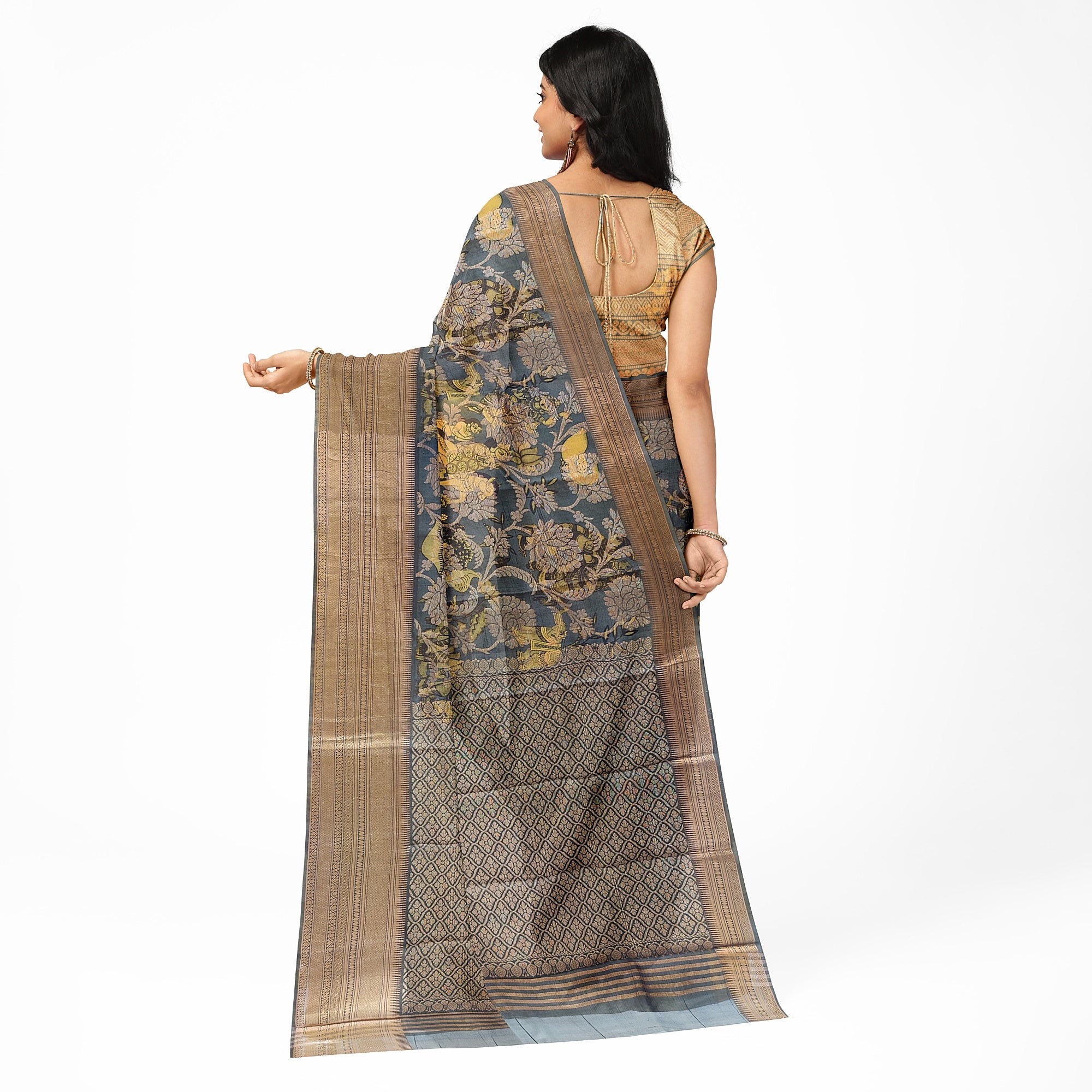 Dark Grey Kalamkari Organza Silk Saree with Copper Zari Border – Artistic Handloom Saree Online - New Sudarshan Silks`