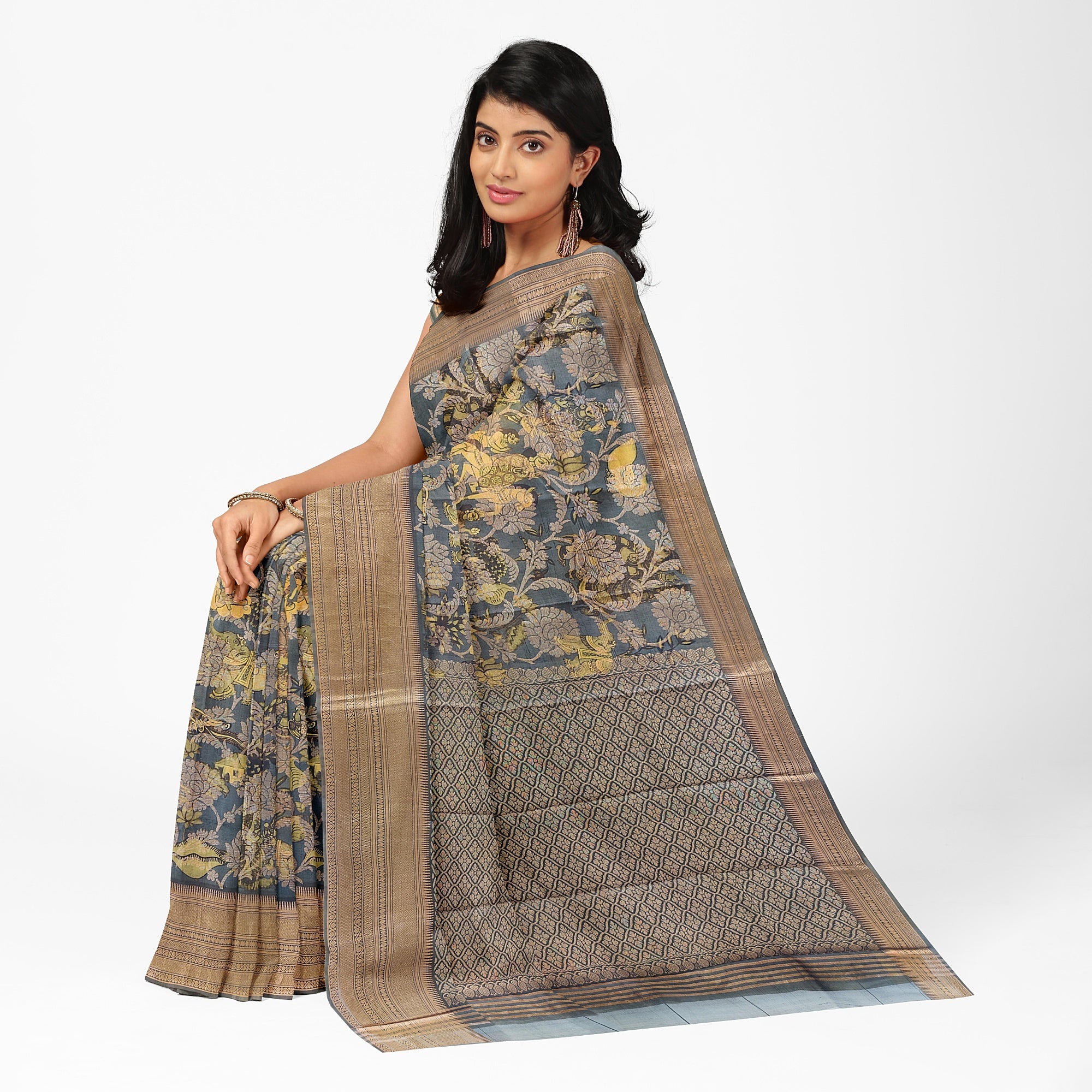 Dark Grey Kalamkari Organza Silk Saree with Copper Zari Border – Artistic Handloom Saree Online - New Sudarshan Silks`