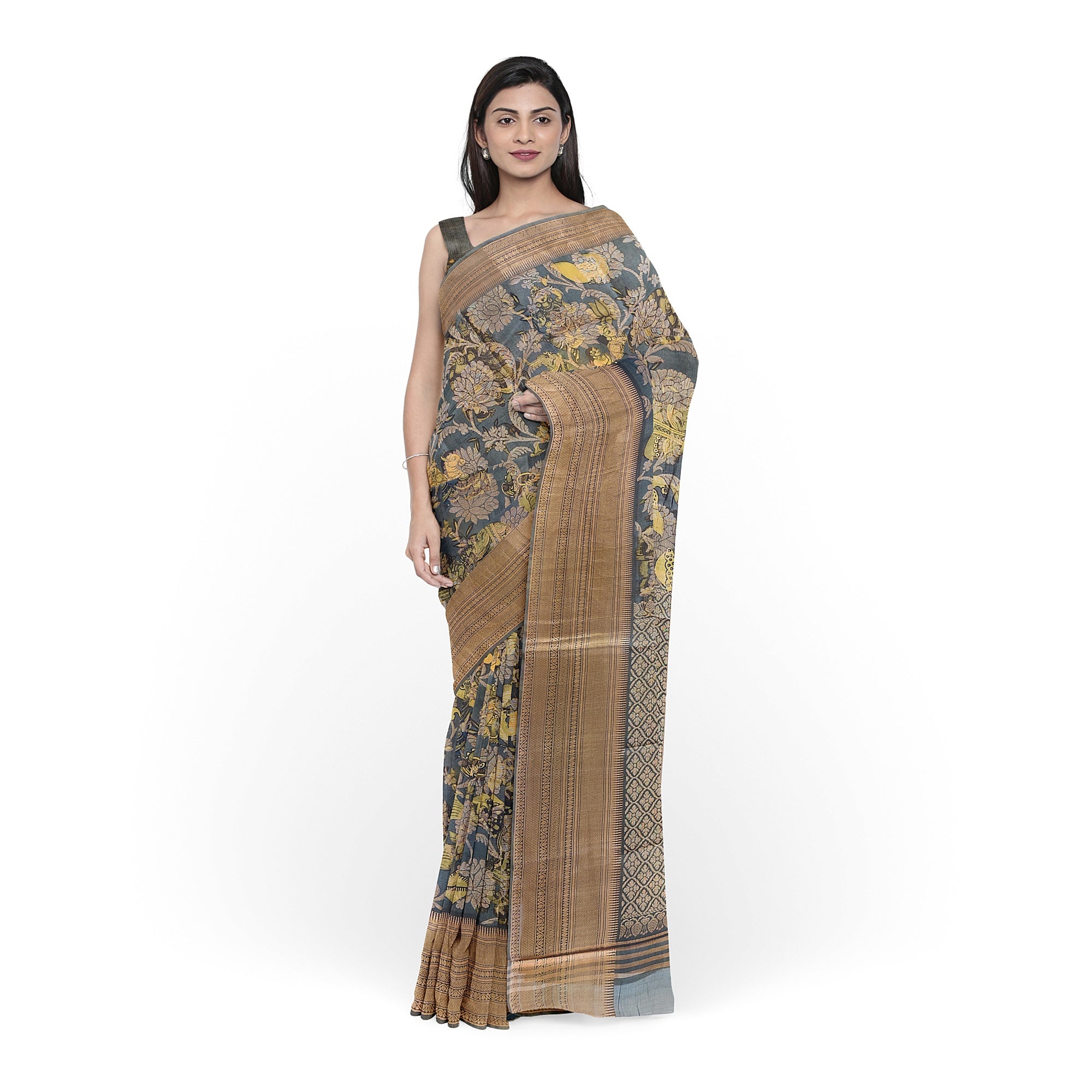 Dark Grey Kalamkari Organza Silk Saree with Copper Zari Border – Artistic Handloom Saree Online - New Sudarshan Silks`