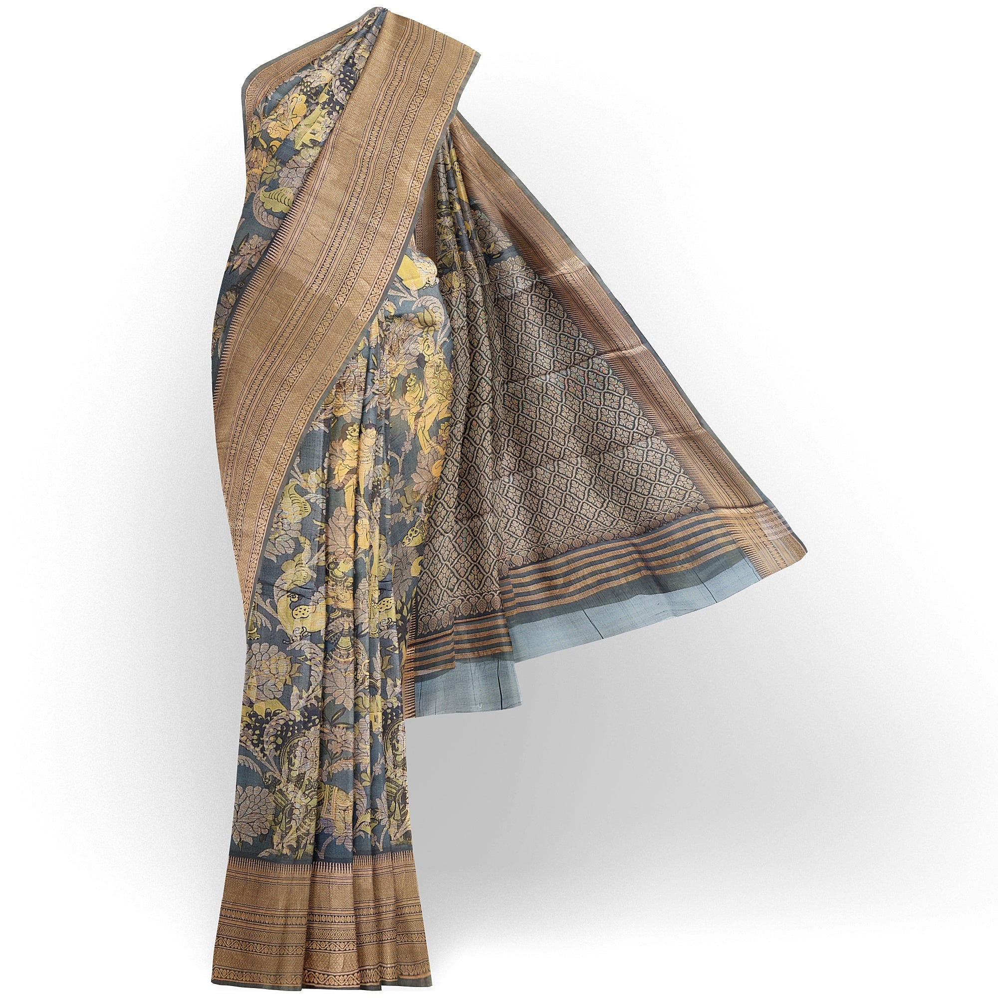 Dark Grey Kalamkari Organza Silk Saree with Copper Zari Border – Artistic Handloom Saree Online - New Sudarshan Silks`