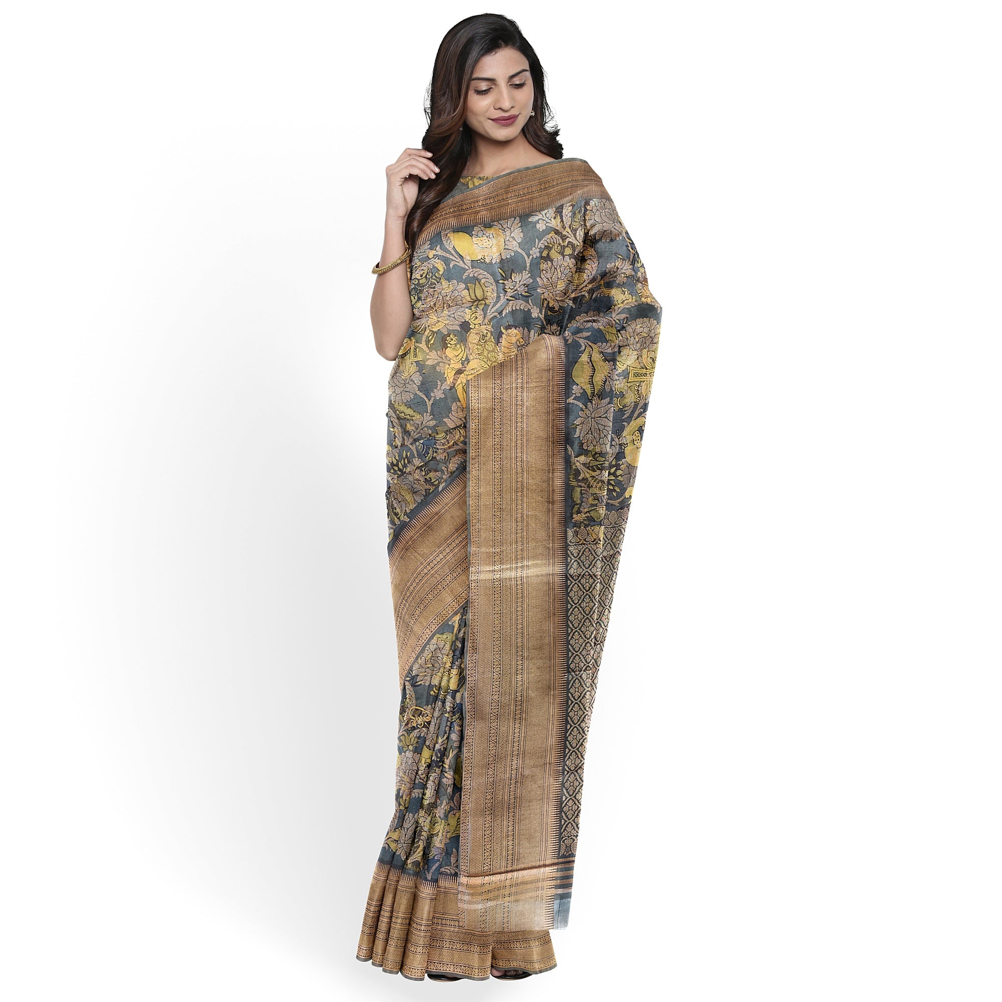 Dark Grey Kalamkari Organza Silk Saree with Copper Zari Border – Artistic Handloom Saree Online - New Sudarshan Silks`