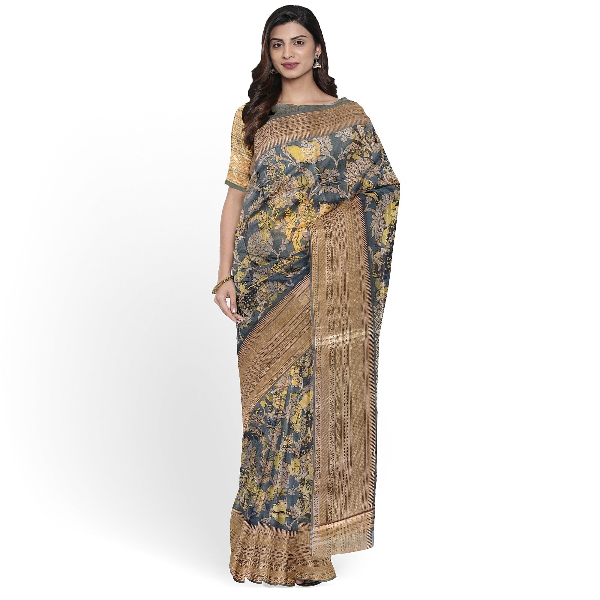 Dark Grey Kalamkari Organza Silk Saree with Copper Zari Border – Artistic Handloom Saree Online - New Sudarshan Silks`