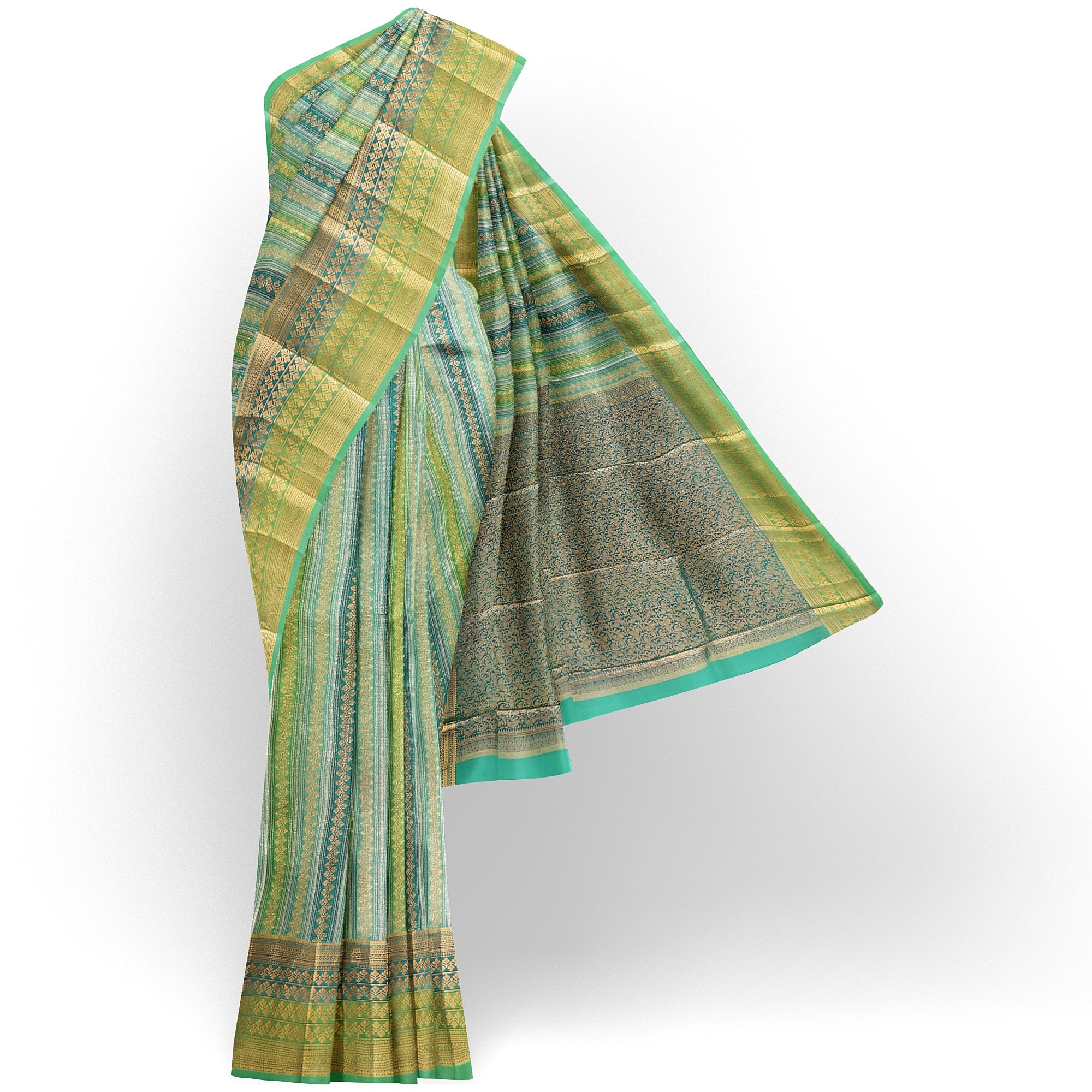 Greenish & blue Blue organza Saree with Gold Zari Work and Fancy Border – Elegant Handloom Saree Online - New Sudarshan Silks`