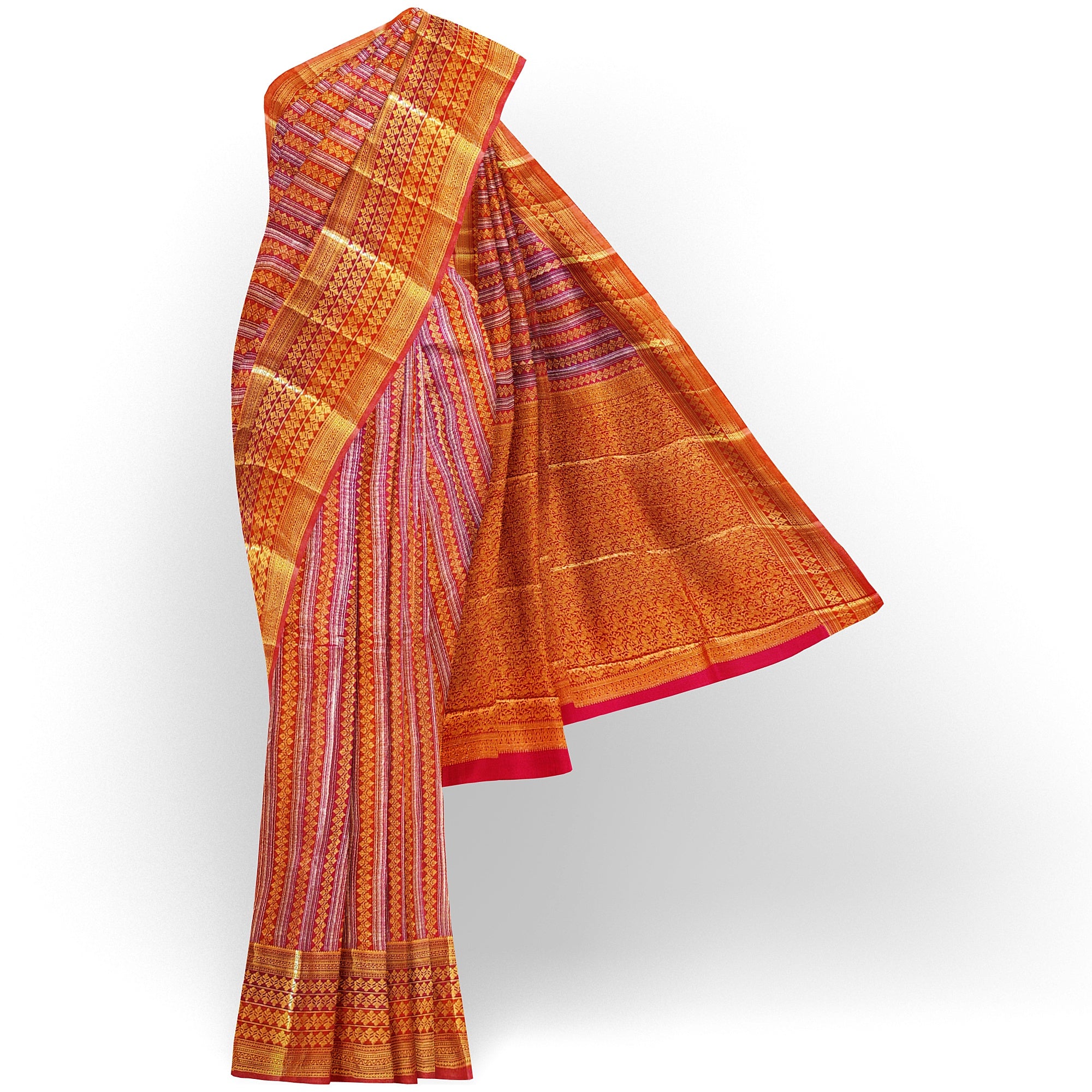 Orange Peachish organza Saree with Gold Zari Work and Fancy Border – Elegant Handloom Saree Online - New Sudarshan Silks`
