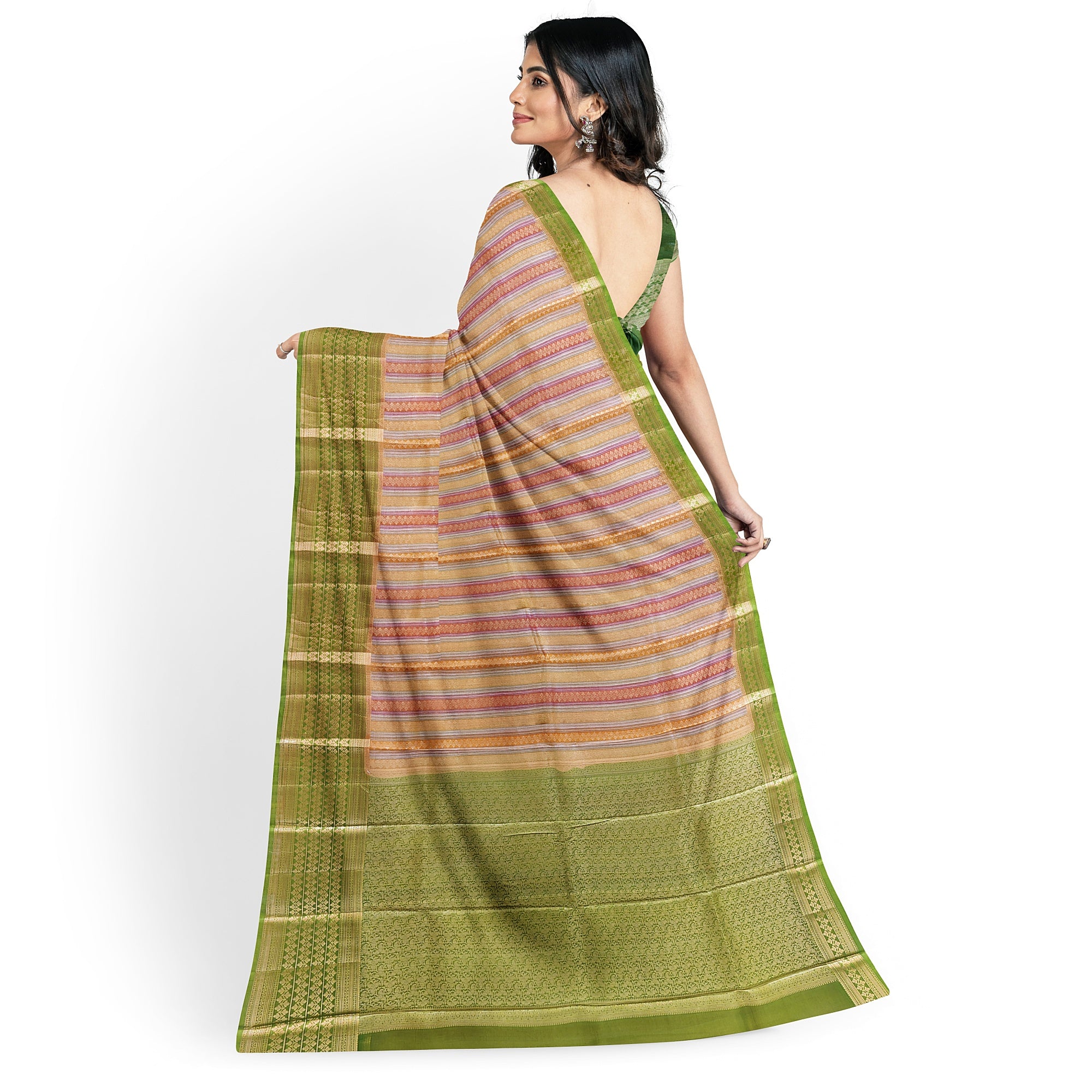 Goldish Green Organza Silk Saree with Designer Border – Elegant Luxury Saree Online - New Sudarshan Silks`