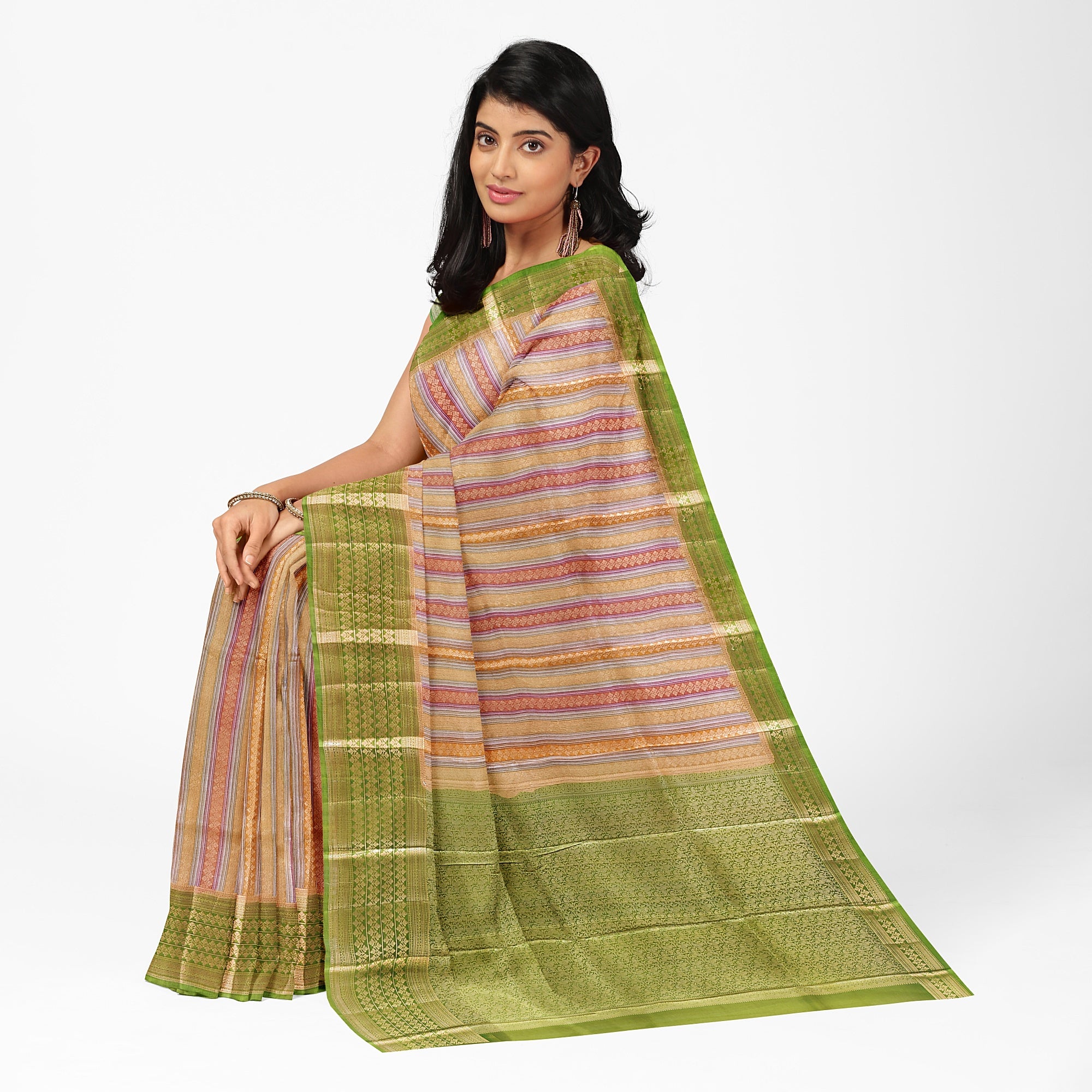 Goldish Green Organza Silk Saree with Designer Border – Elegant Luxury Saree Online - New Sudarshan Silks`