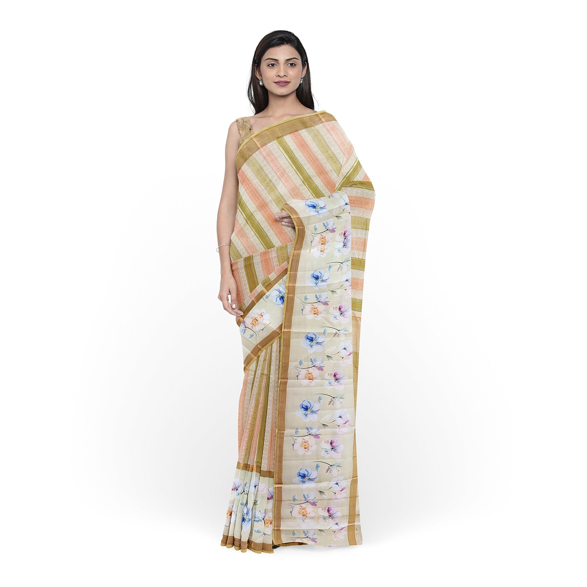 Pastel Shade Multicolor Pure Organza Silk Saree with Printed Floral Border – Elegant Designer Saree Online - New Sudarshan Silks`