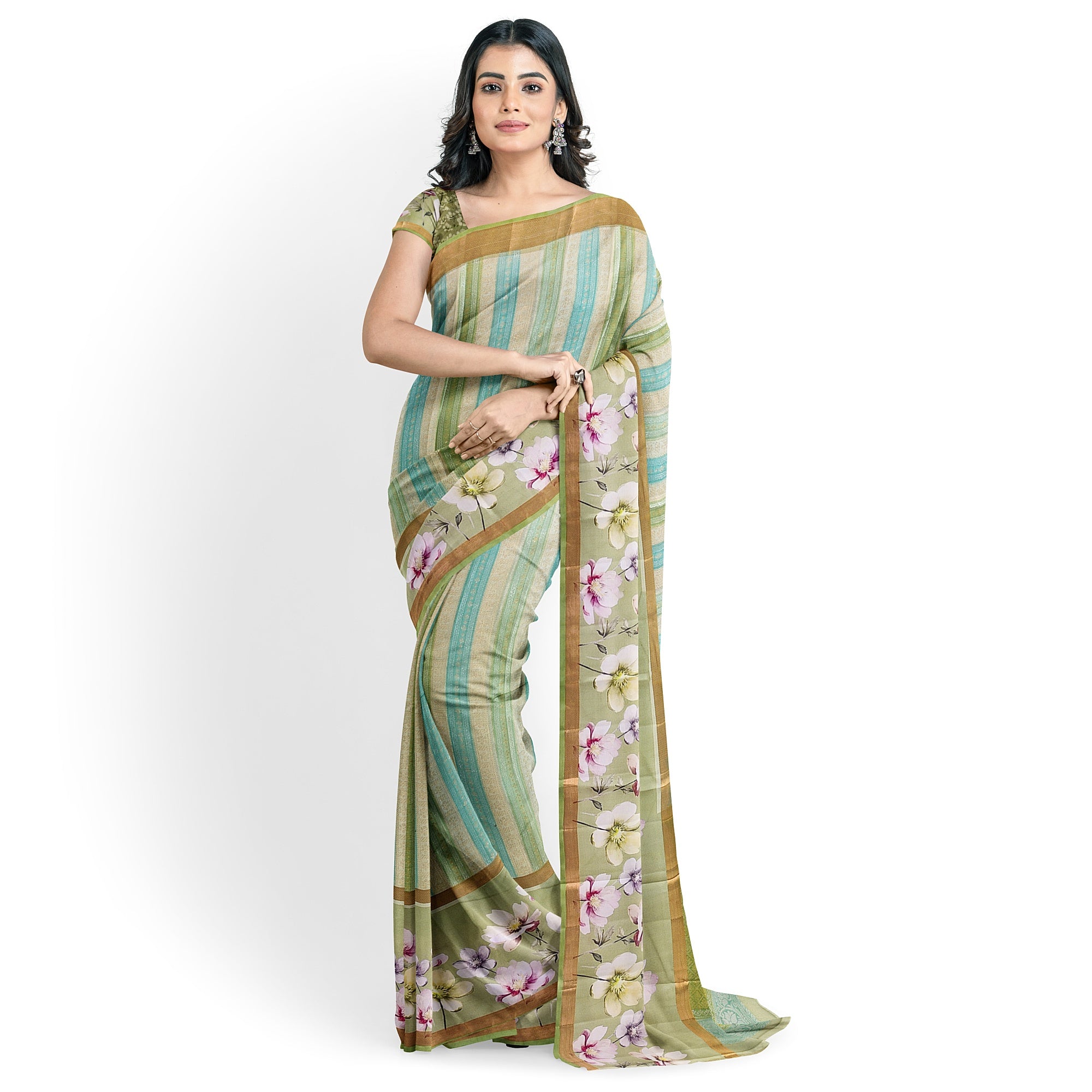 Pista Shade Pastel Shade Pure Organza Silk Saree with Printed Floral Border – Elegant Designer Saree Online - New Sudarshan Silks`