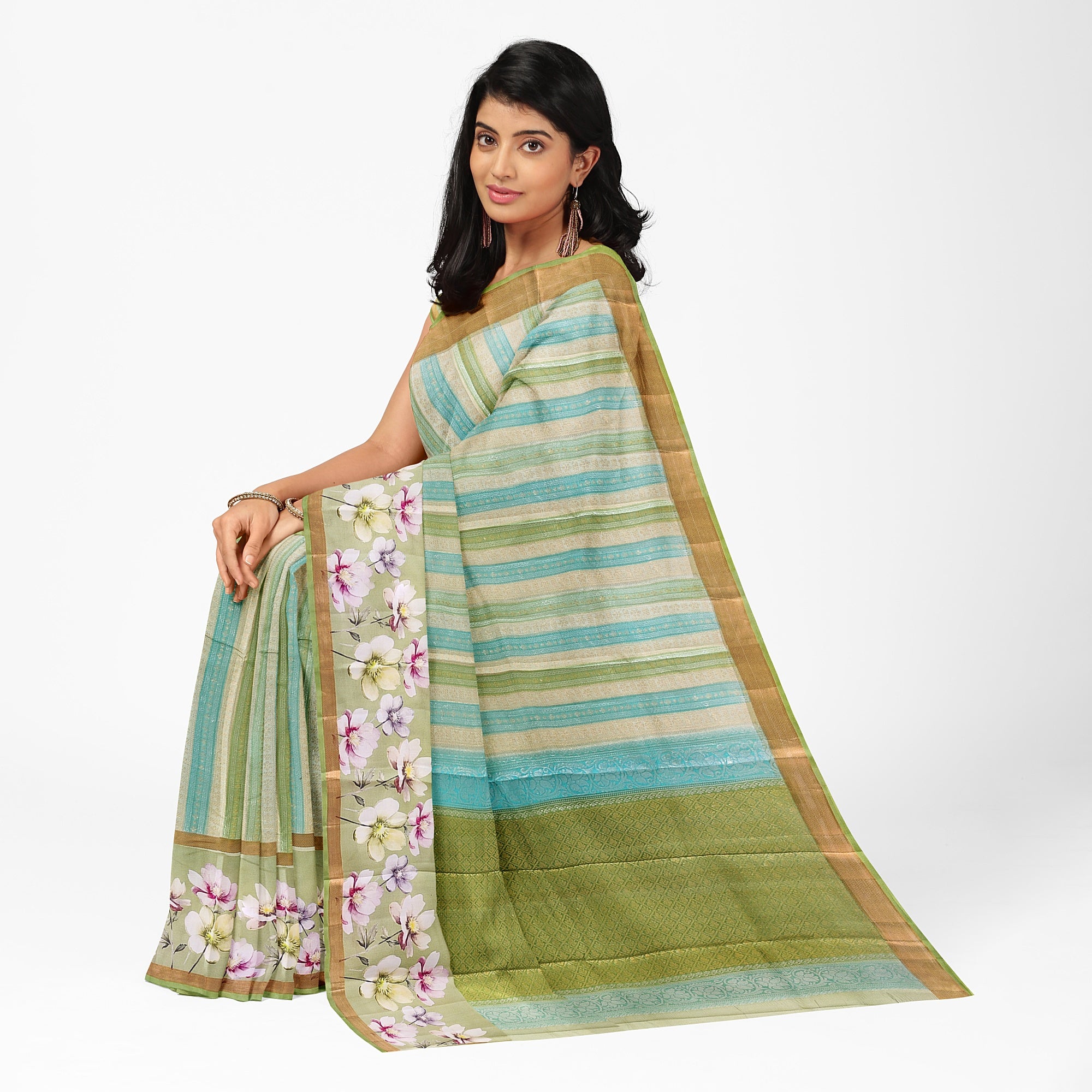 Pista Shade Pastel Shade Pure Organza Silk Saree with Printed Floral Border – Elegant Designer Saree Online - New Sudarshan Silks`