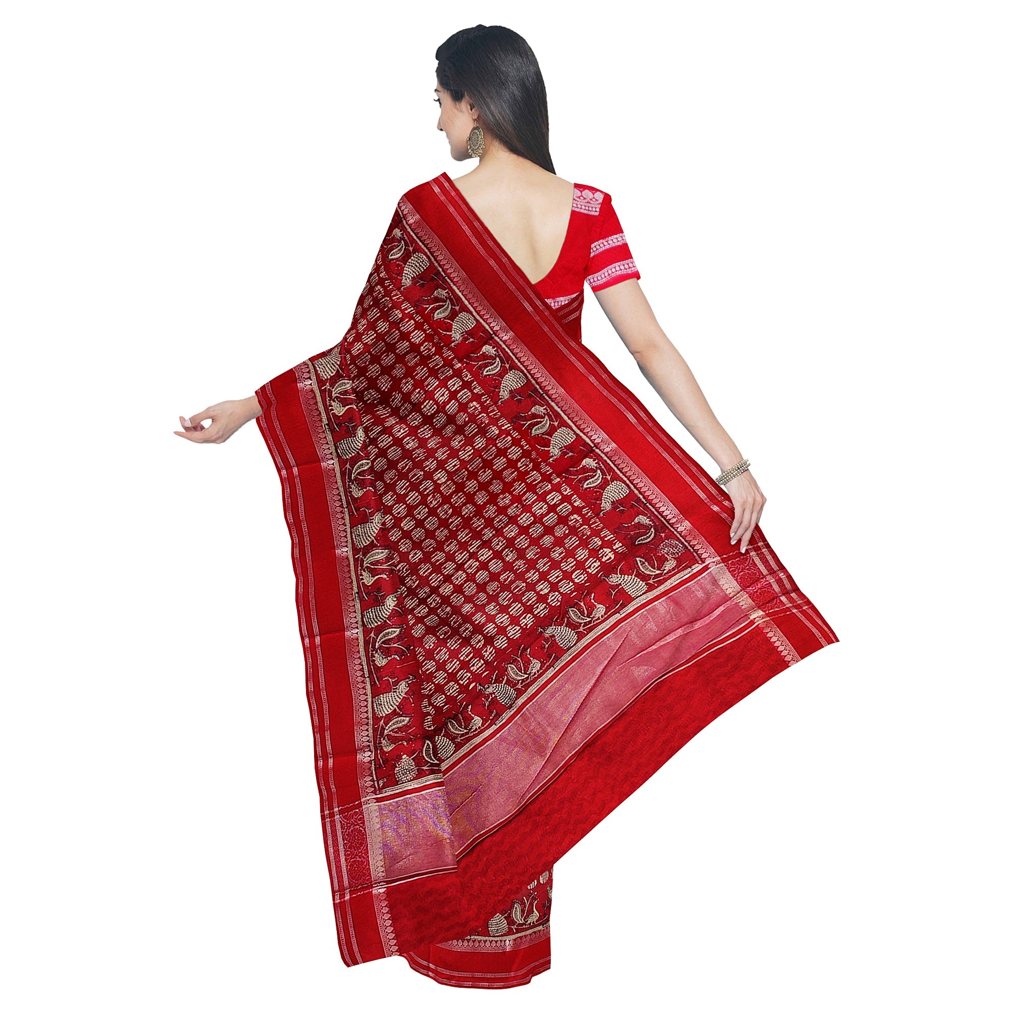 Red Coin Butta Saree – Peacock Designer Border – Shop Online