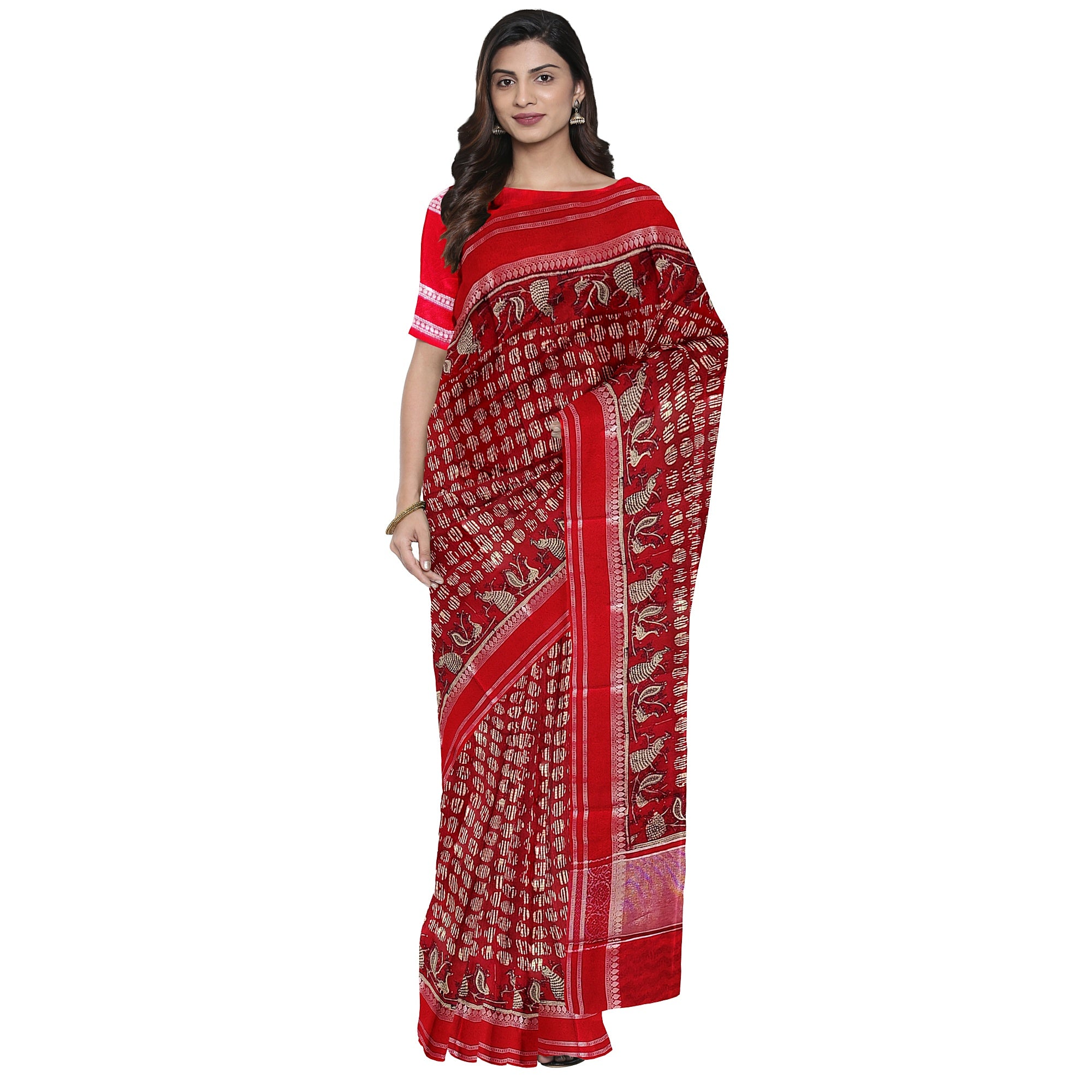 Red Coin Butta Saree – Peacock Designer Border – Shop Online