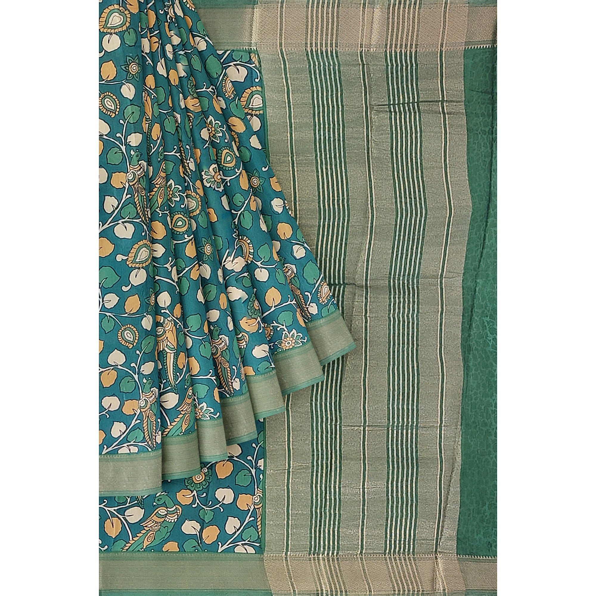 Green Saree – Peacock Floral Print – Shop Online