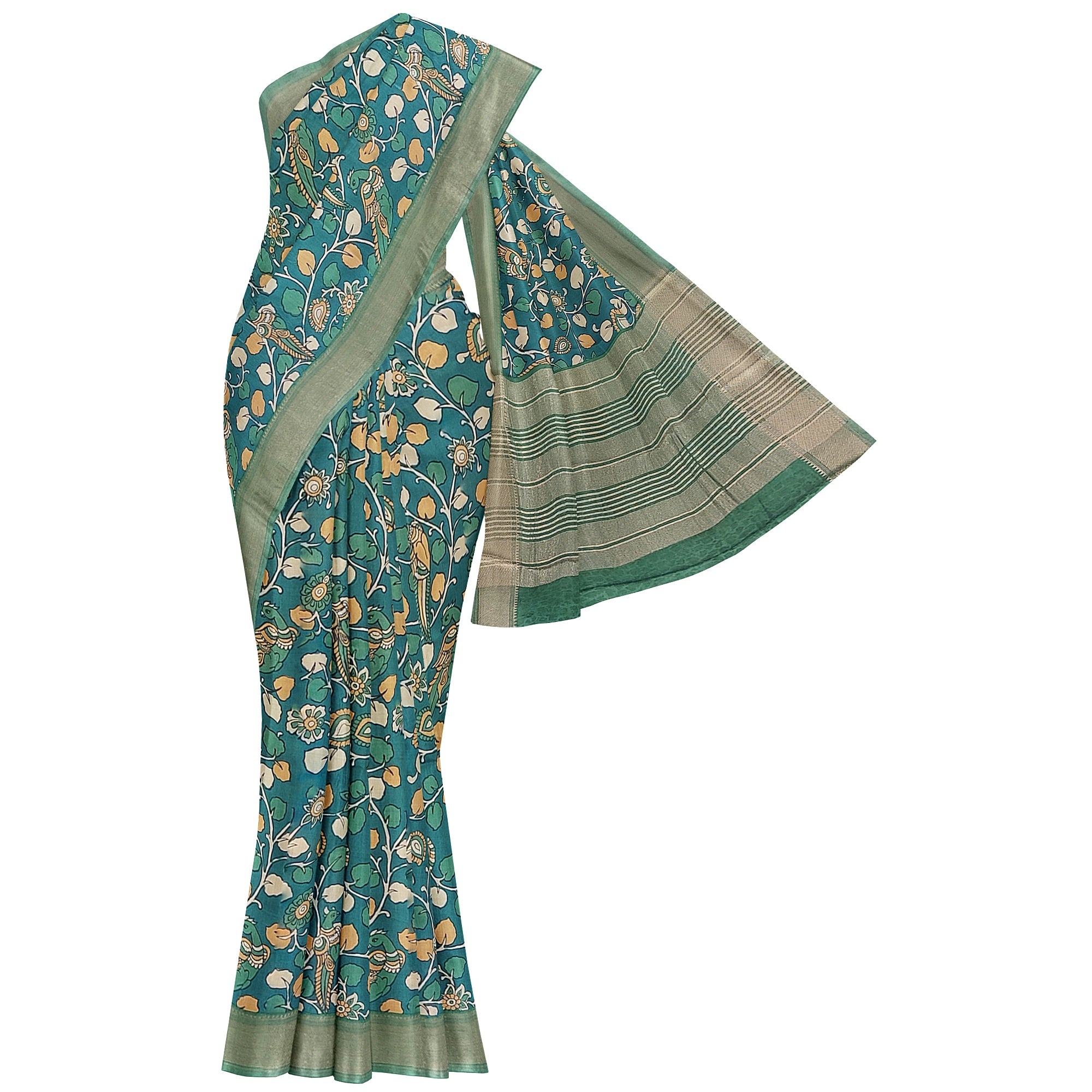 Green Saree – Peacock Floral Print – Shop Online