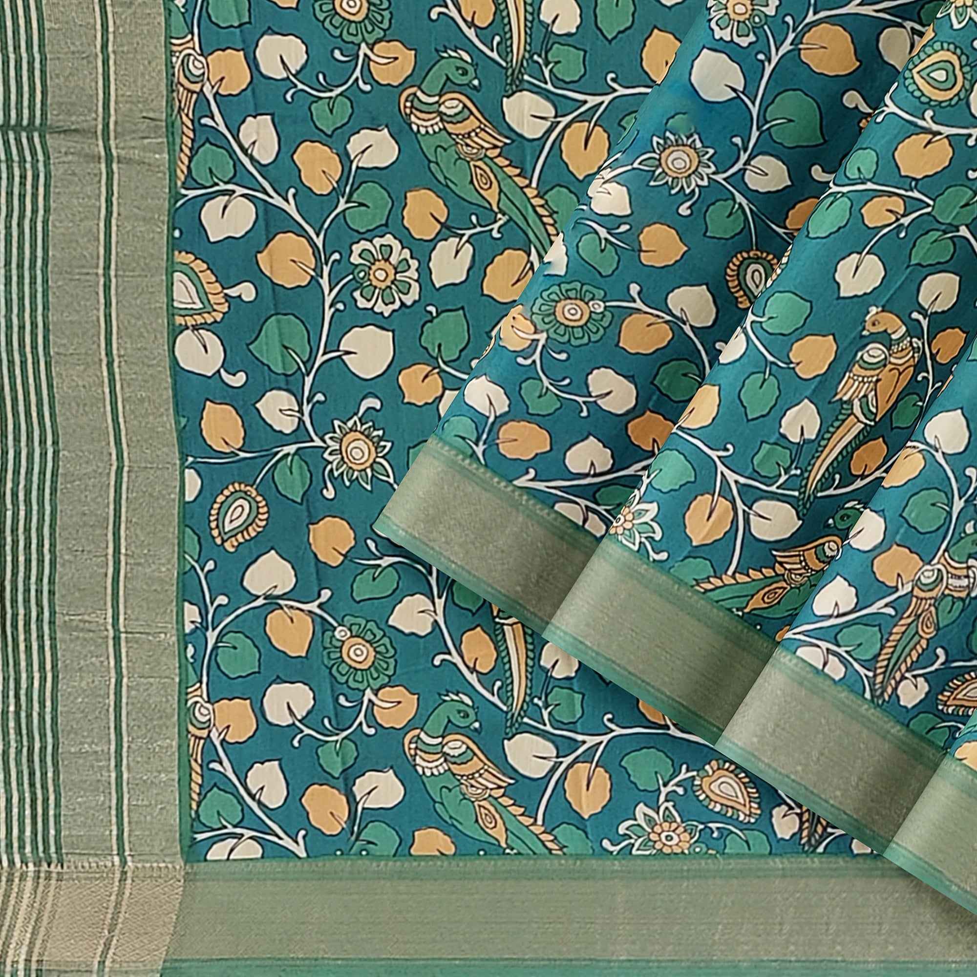 Green Saree – Peacock Floral Print – Shop Online