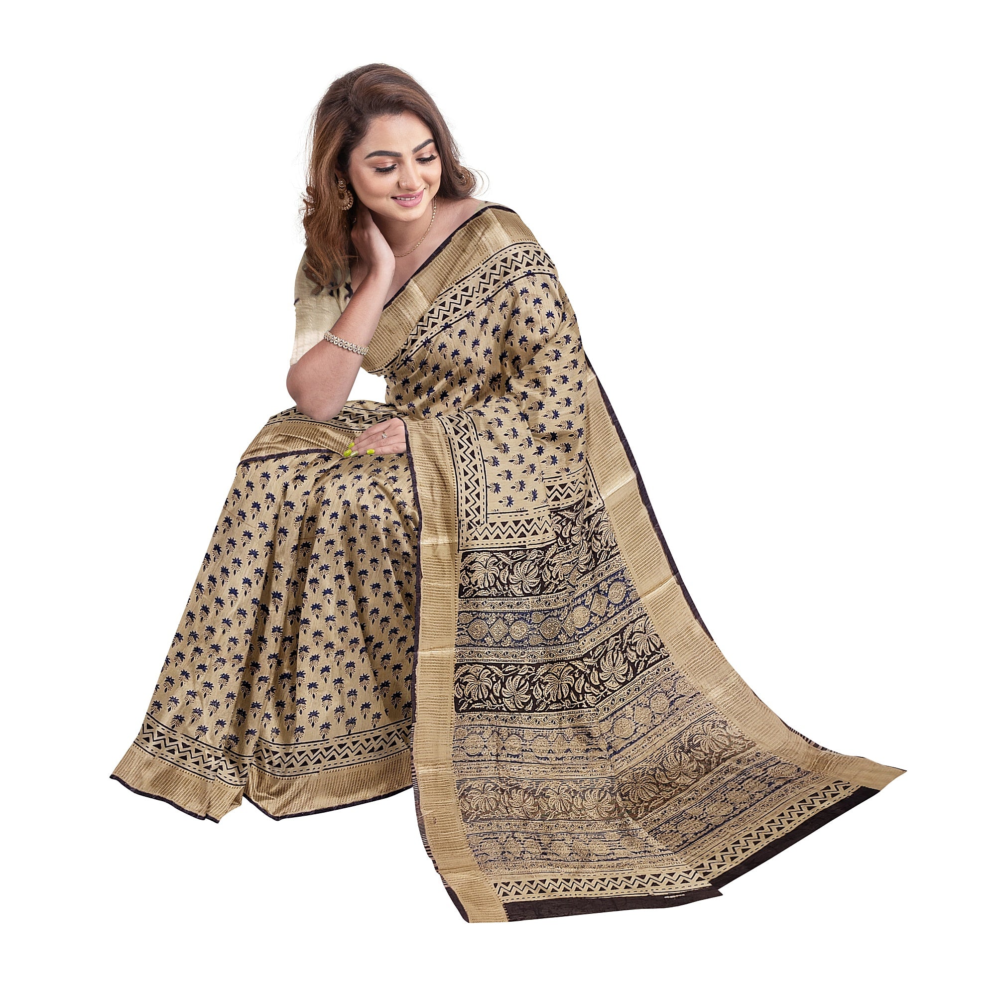 Cream Saree – Blue Printed Design – Shop Online
