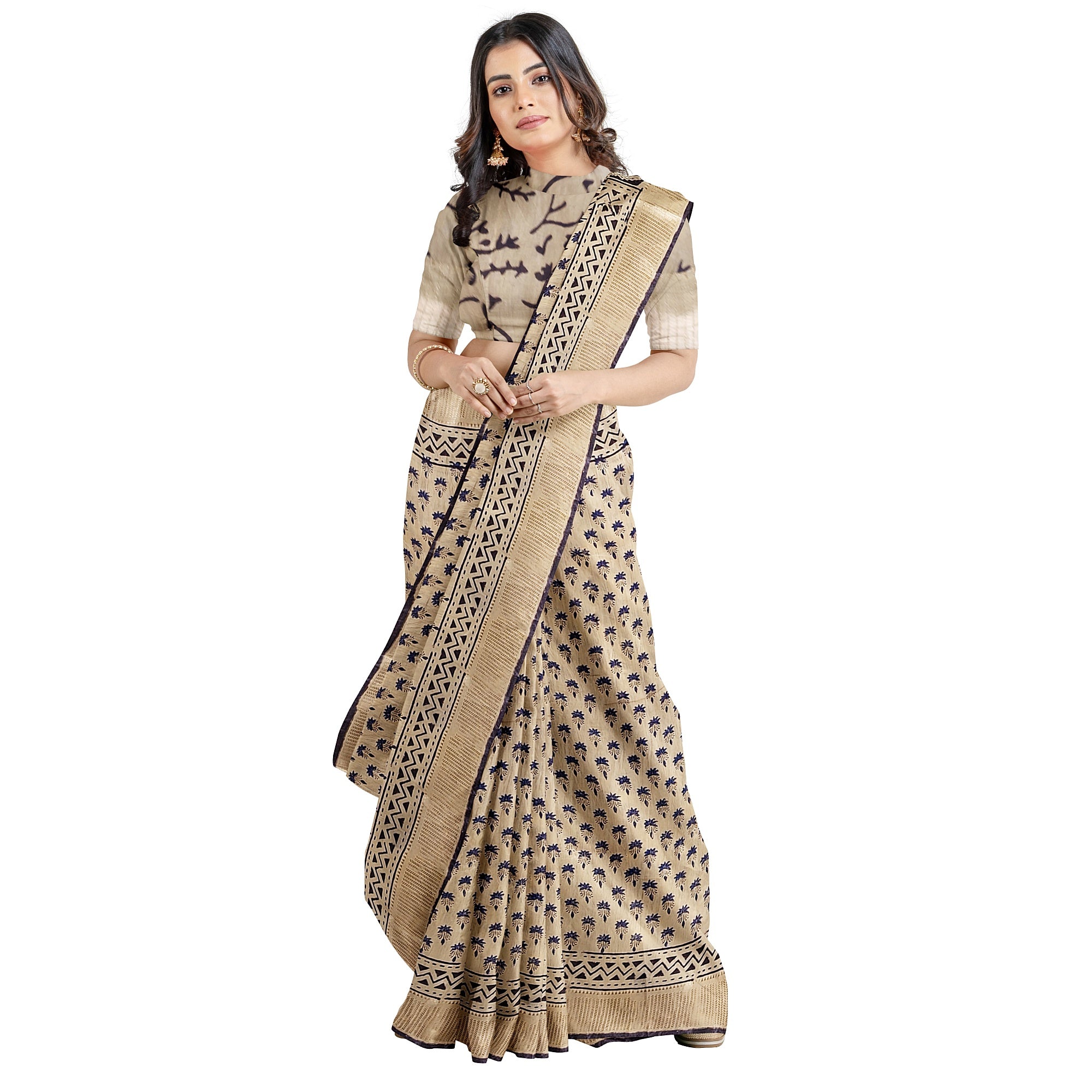 Cream Saree – Blue Printed Design – Shop Online