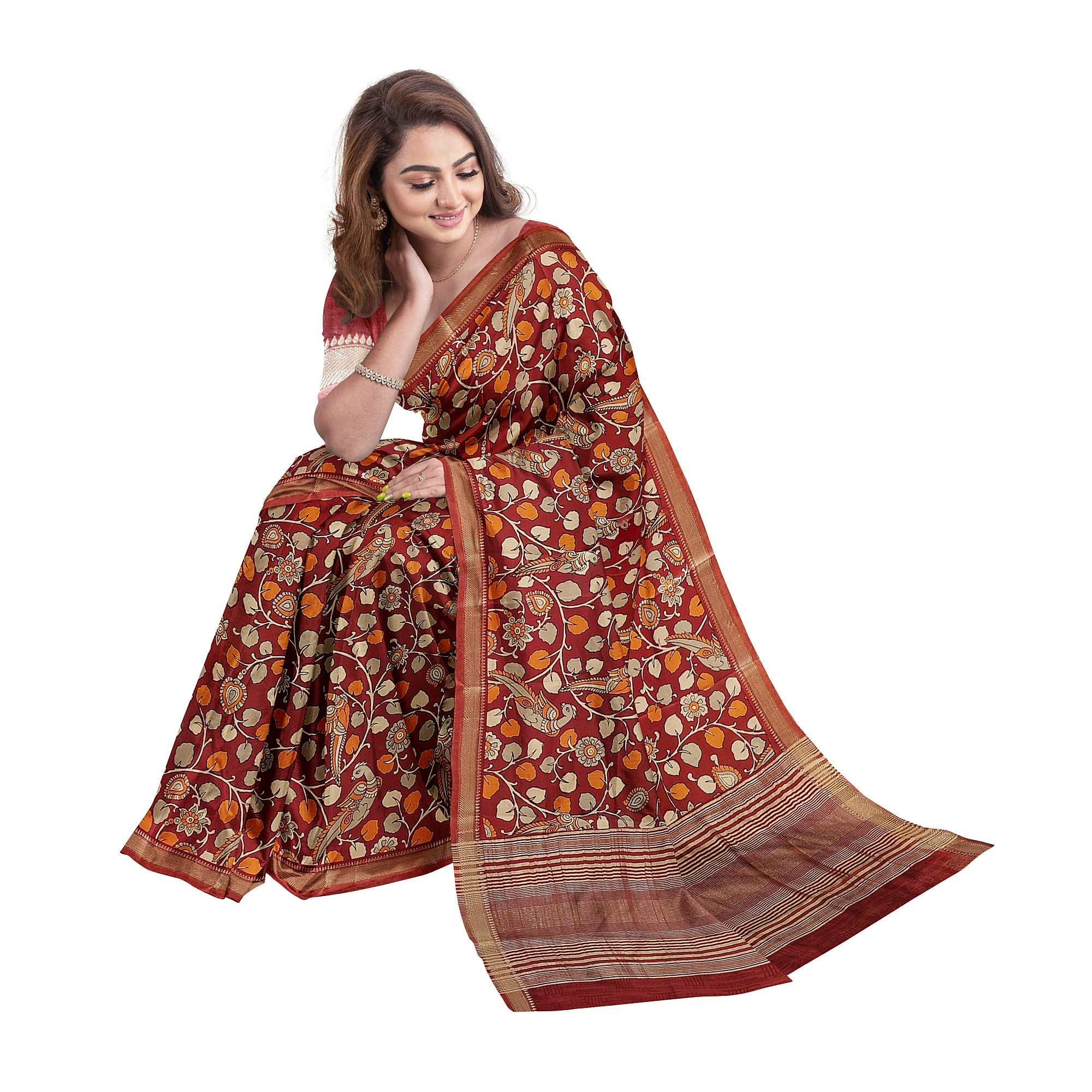Brown Printed Peacock Saree – Peacock Butta – Shop Online