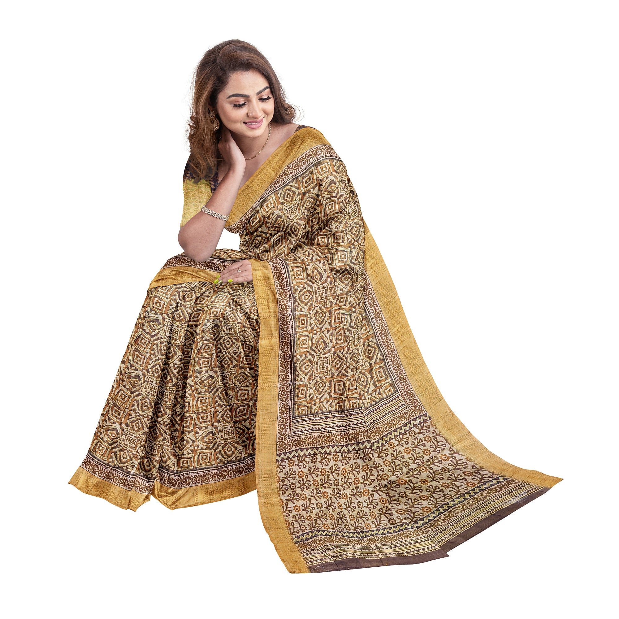 Raw Silk Printed Saree – Gold Thread Work with yellow border – Shop Online