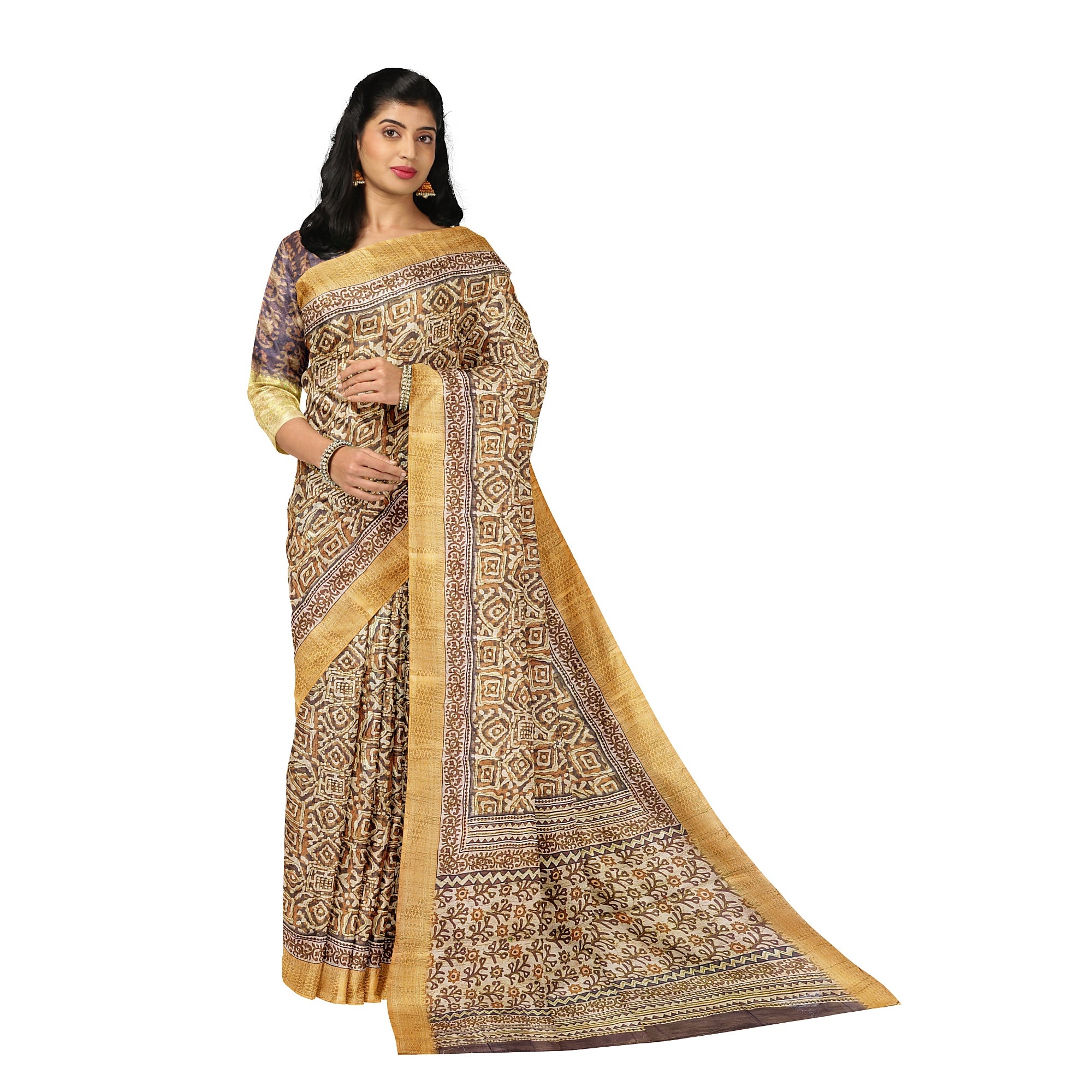Raw Silk Printed Saree – Gold Thread Work with yellow border – Shop Online