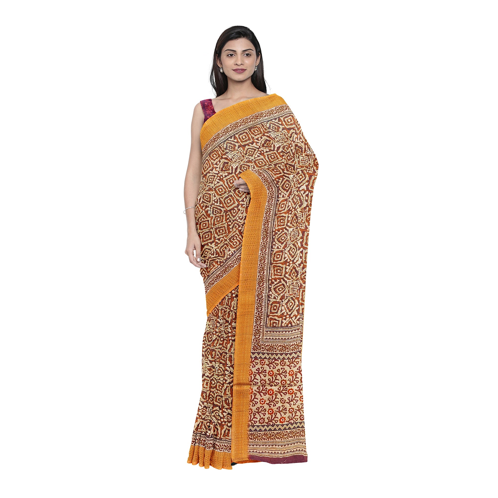 Raw Silk Printed Saree – Gold Thread Work – Shop Online