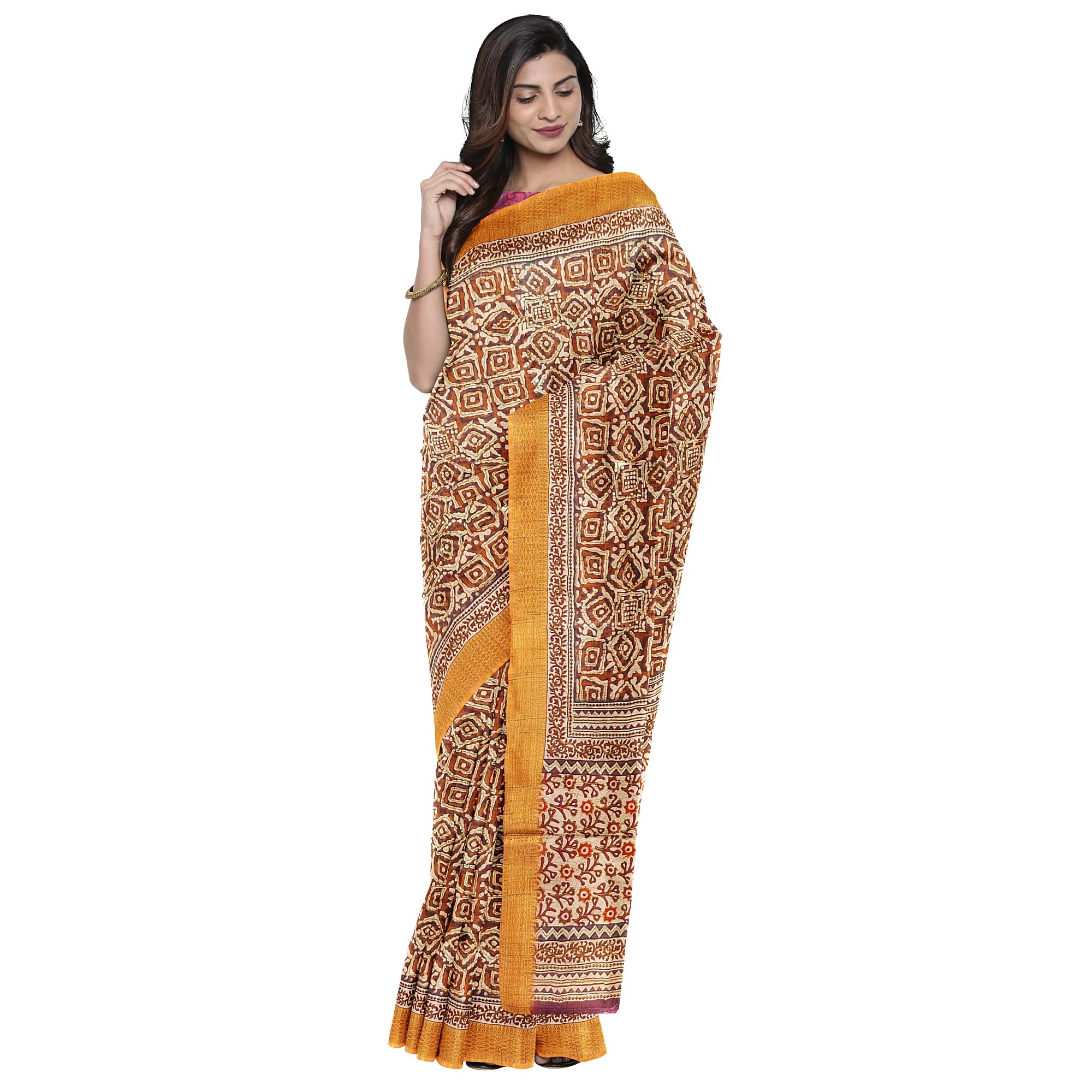 Raw Silk Printed Saree – Gold Thread Work – Shop Online